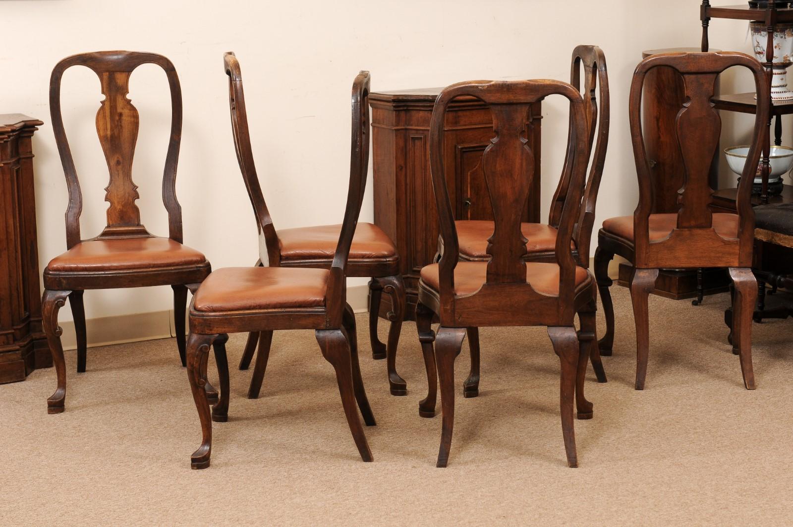 19th Century Italian Rococo Style Walnut Dining Chairs with Cabriole Legs  For Sale