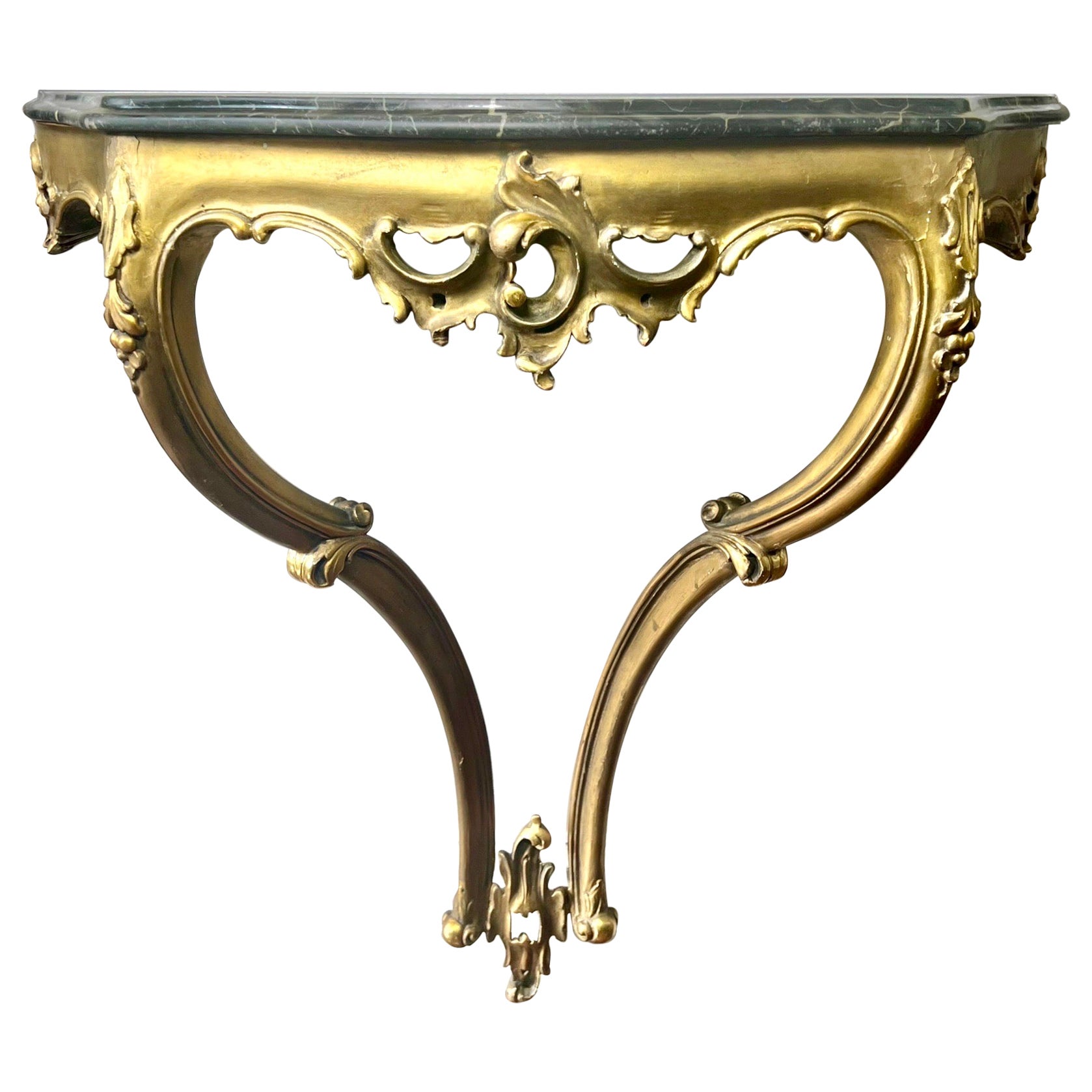 Italian Rococo Wall Mount Carved Giltwood Marble Top Console, Early 20th C.