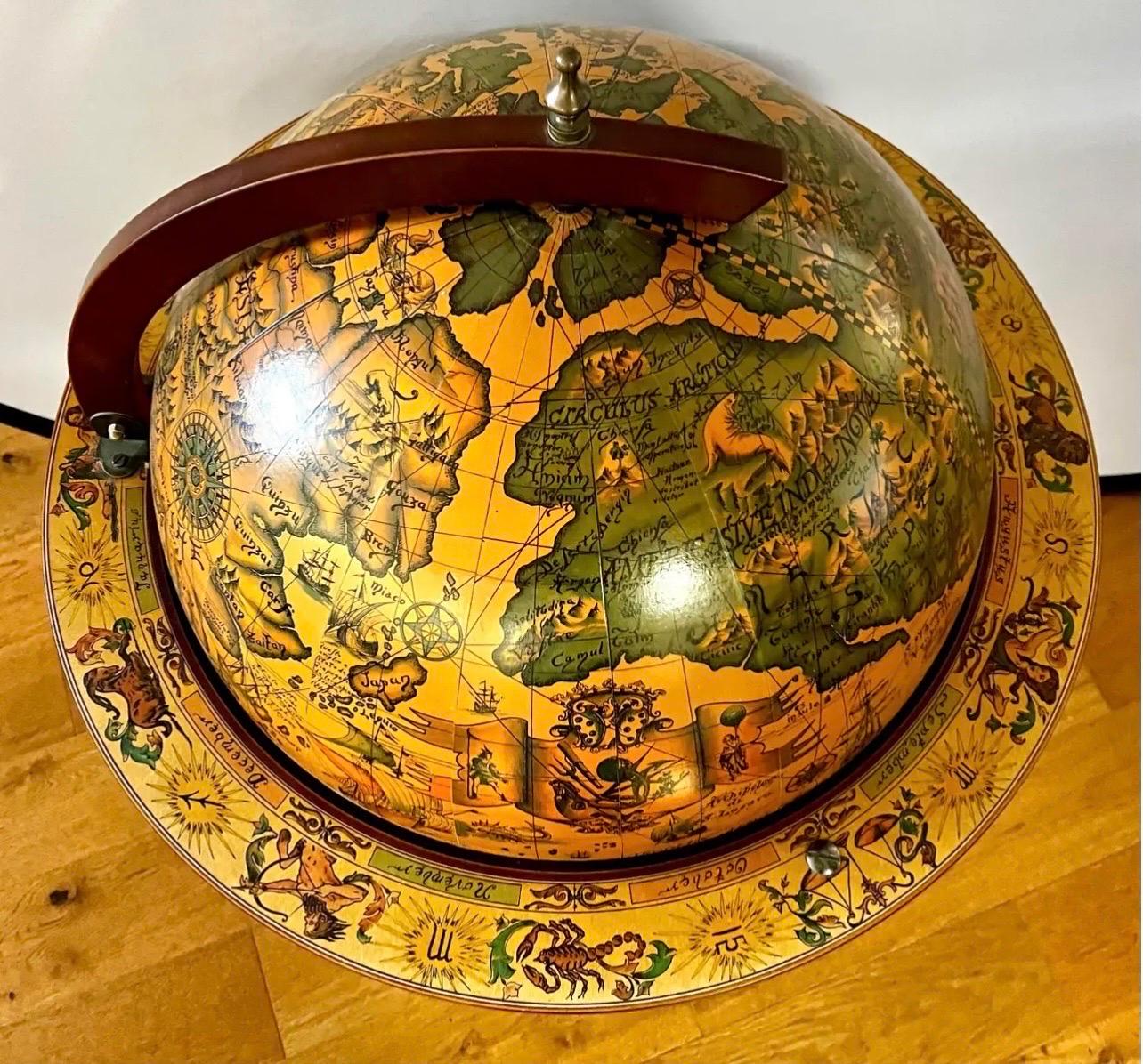 Walnut Italian Rolling Mobile World Globe Dry Bar with Zodiac Signs Made in Italy