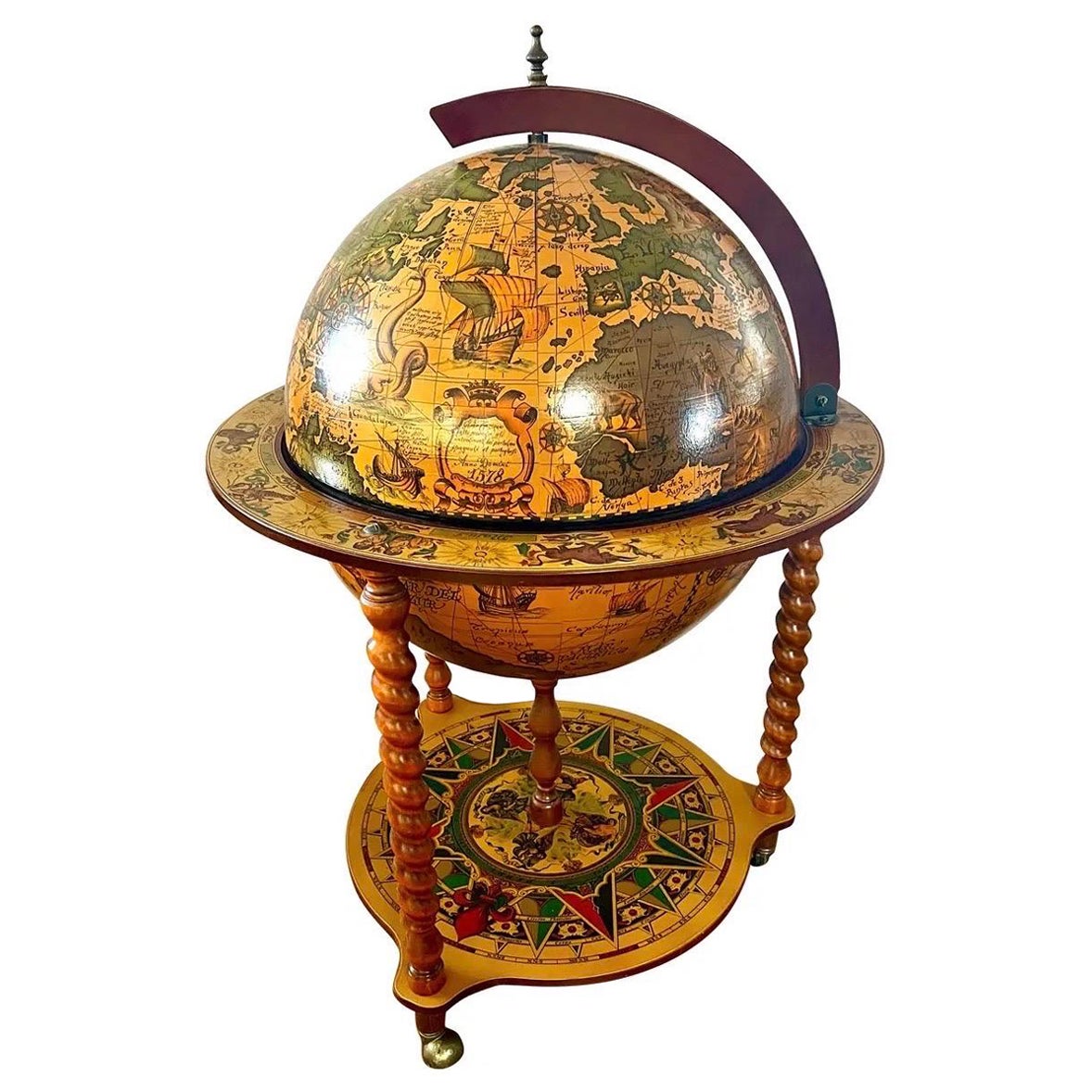 Italian Rolling Mobile World Globe Dry Bar with Zodiac Signs Made in Italy