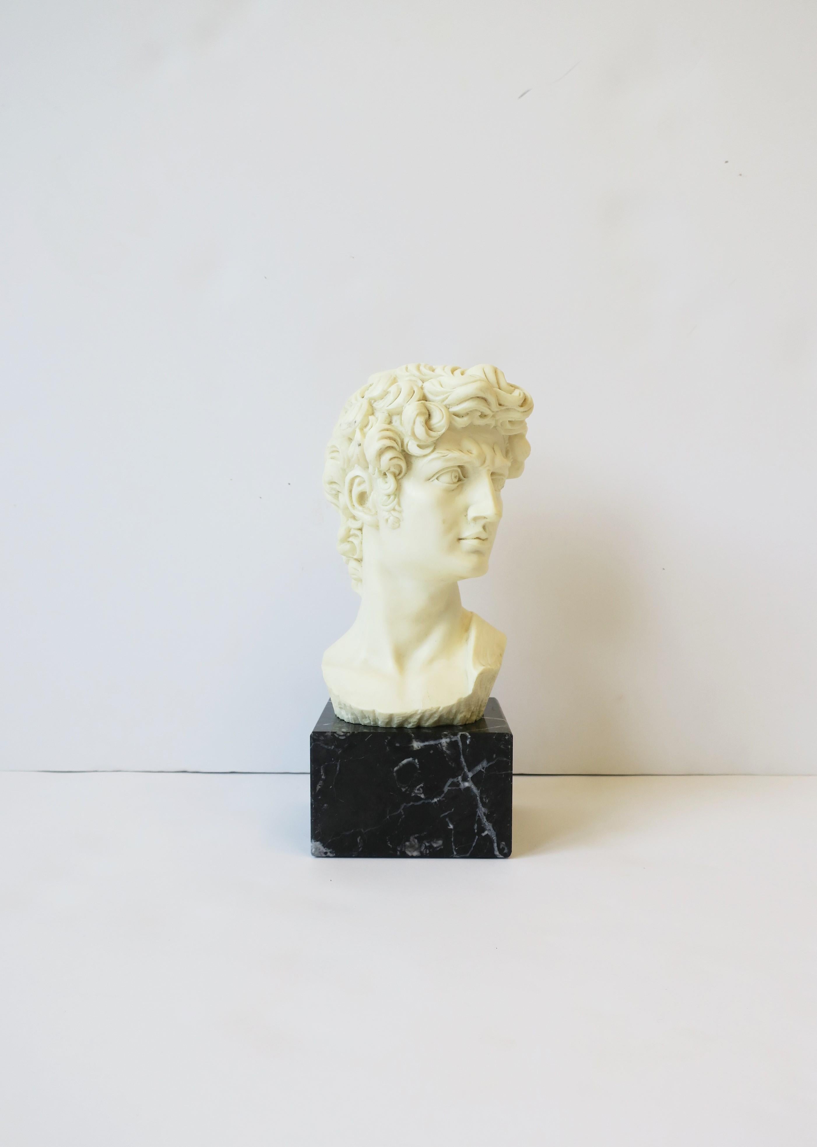A substantial mid-20th century classic Italian Roman statue of the 'David' on a black marble base, circa 1960s, Italy. Piece is a resin head/bust on a black marble base with slight white veining. A nice decorative object for a book shelf, table,