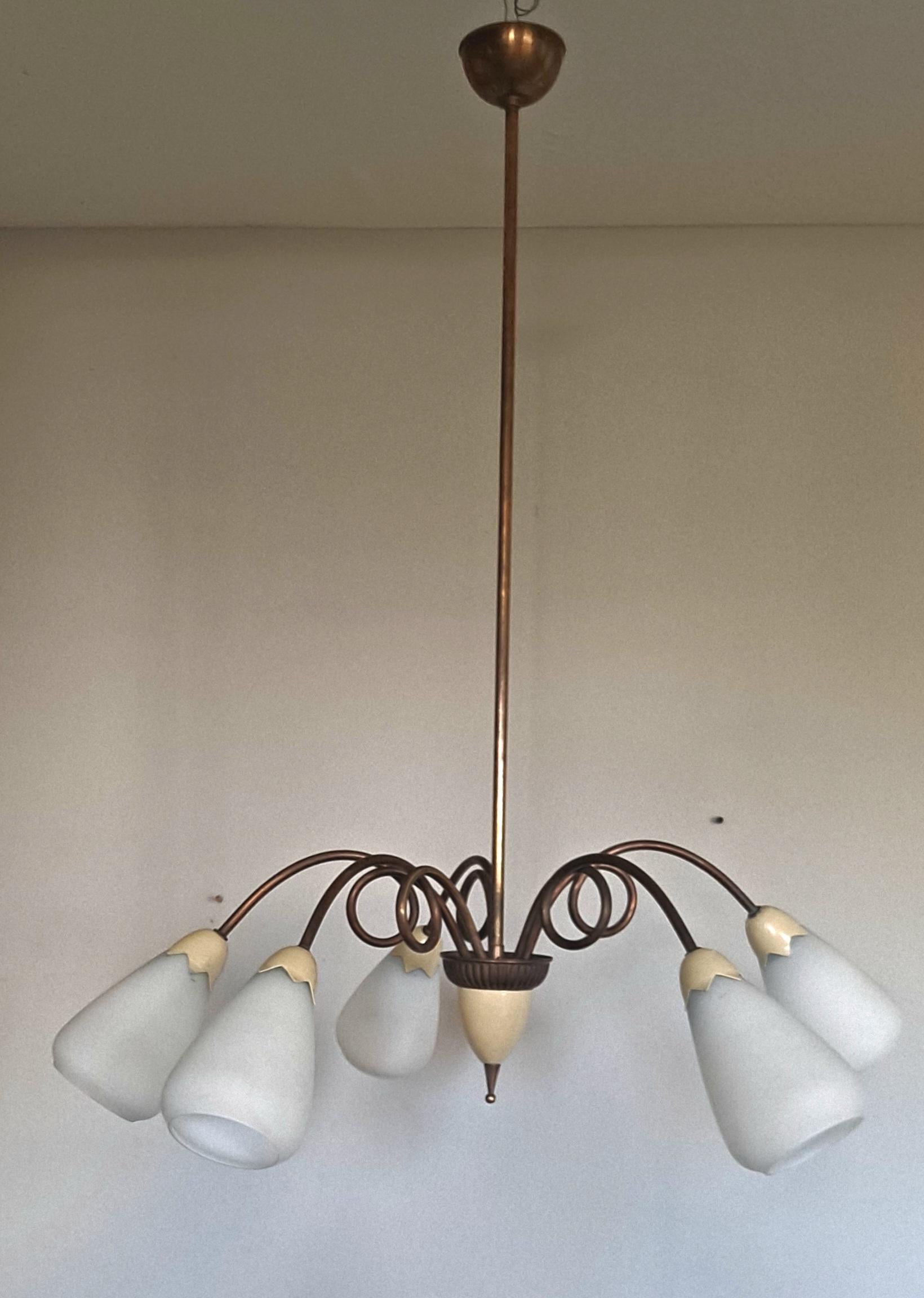 Pana cotta color with opaline glass shades on the Brass base. Romantic Venetian chandelier.
 