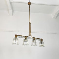 Italian Romantic Glass and Patina Brass Four Lights Chandeliers, 1930s