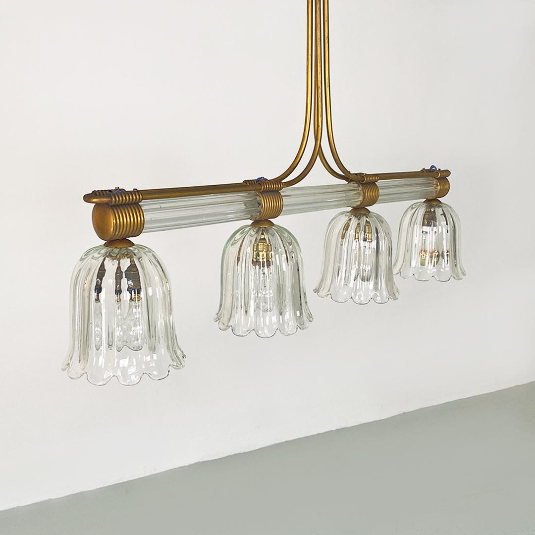 Italian Romantic Glass and Patina Brass Four Lights Chandeliers, 1930s For Sale 1