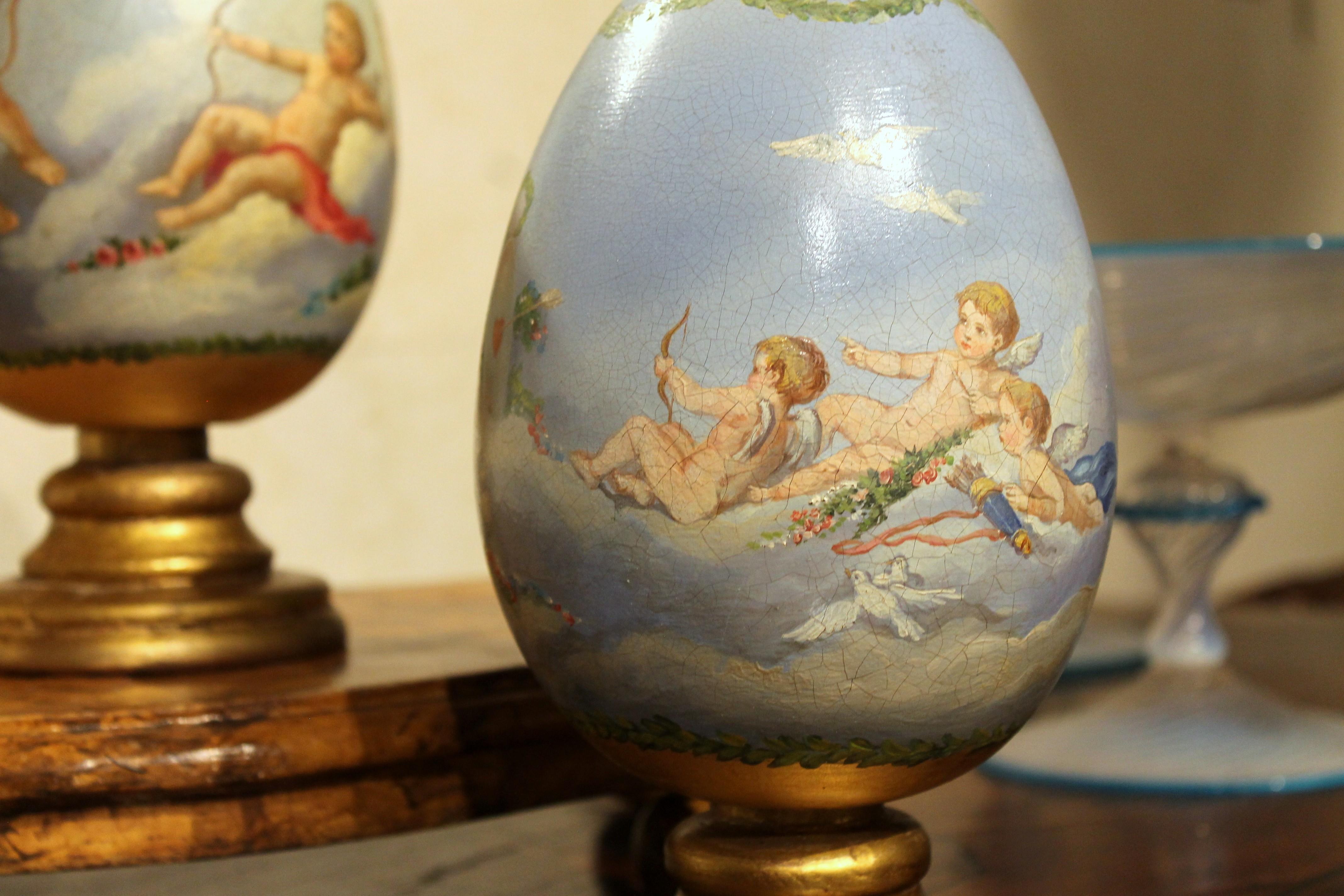 Italian Romantic Hand Painted Decorative Terracotta Eggs on Giltwood Stands 2