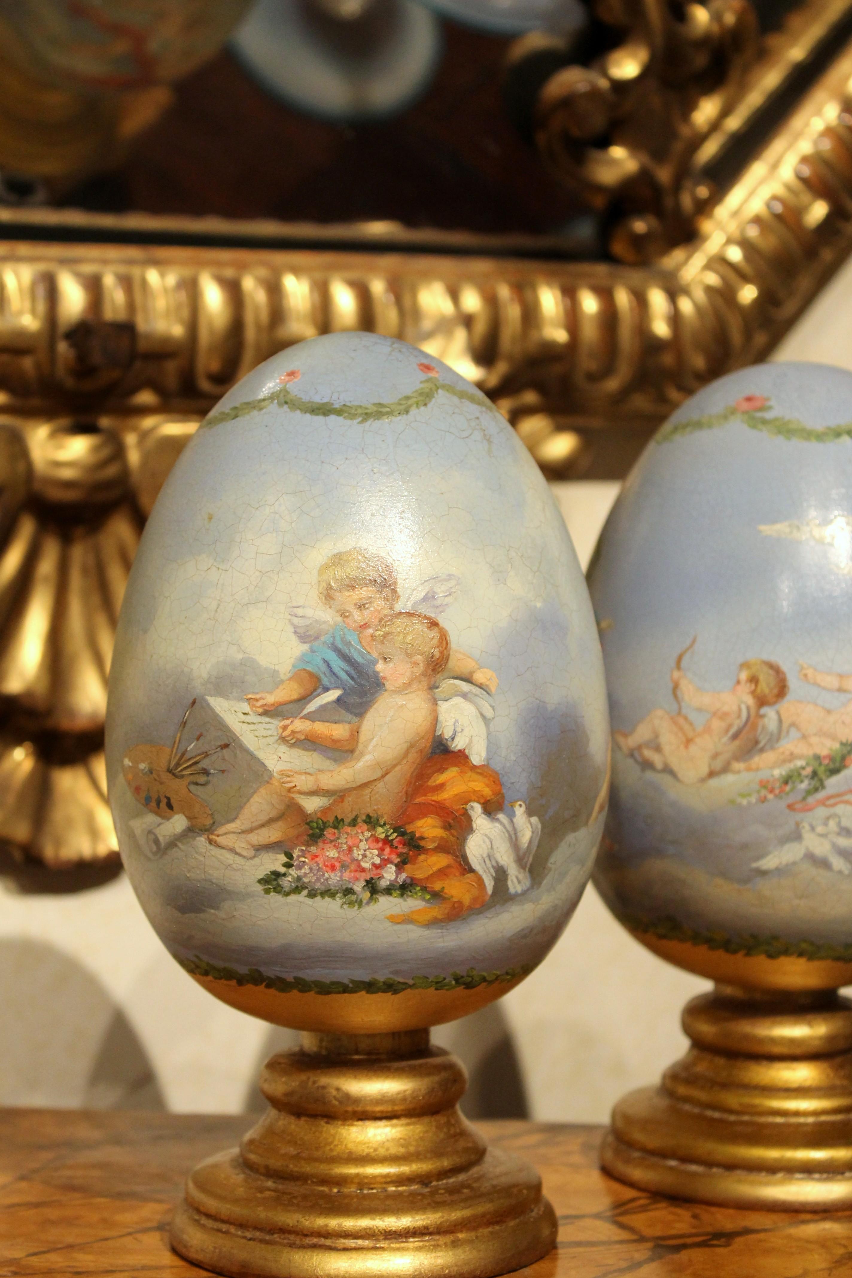 Italian Romantic Hand Painted Decorative Terracotta Eggs on Giltwood Stands 3