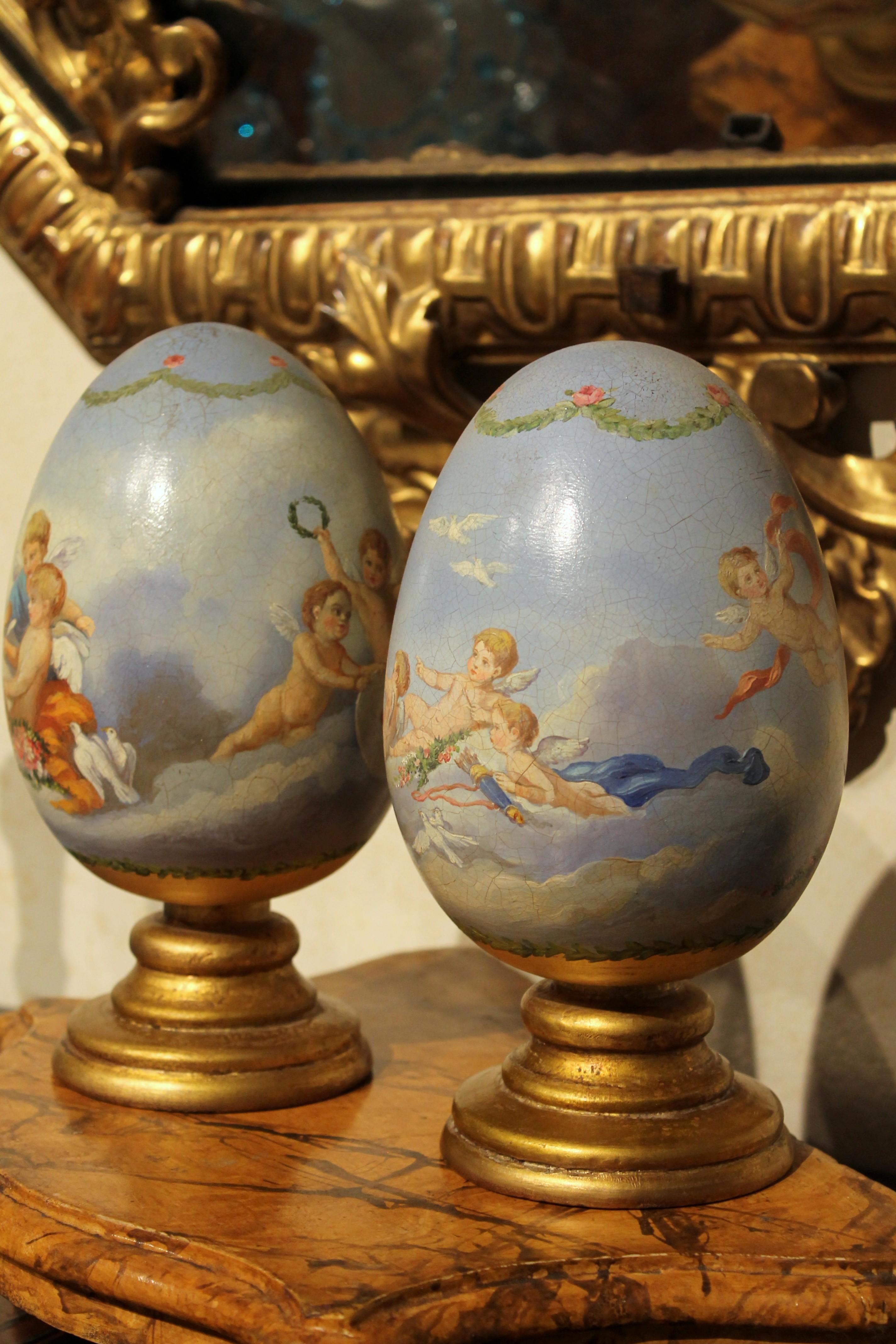 Italian Romantic Hand Painted Decorative Terracotta Eggs on Giltwood Stands 4
