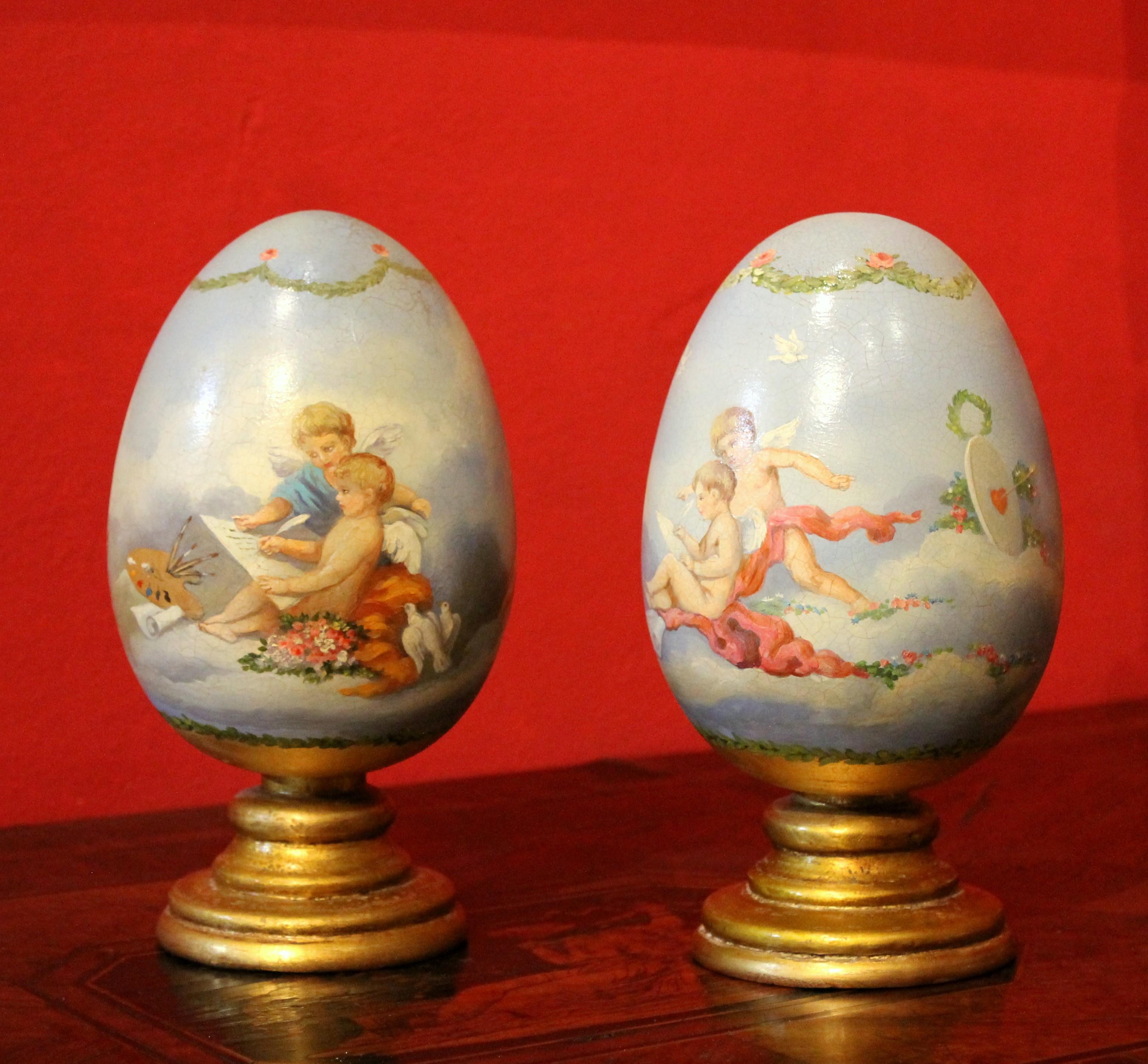 Italian Romantic Hand Painted Decorative Terracotta Eggs on Giltwood Stands 5