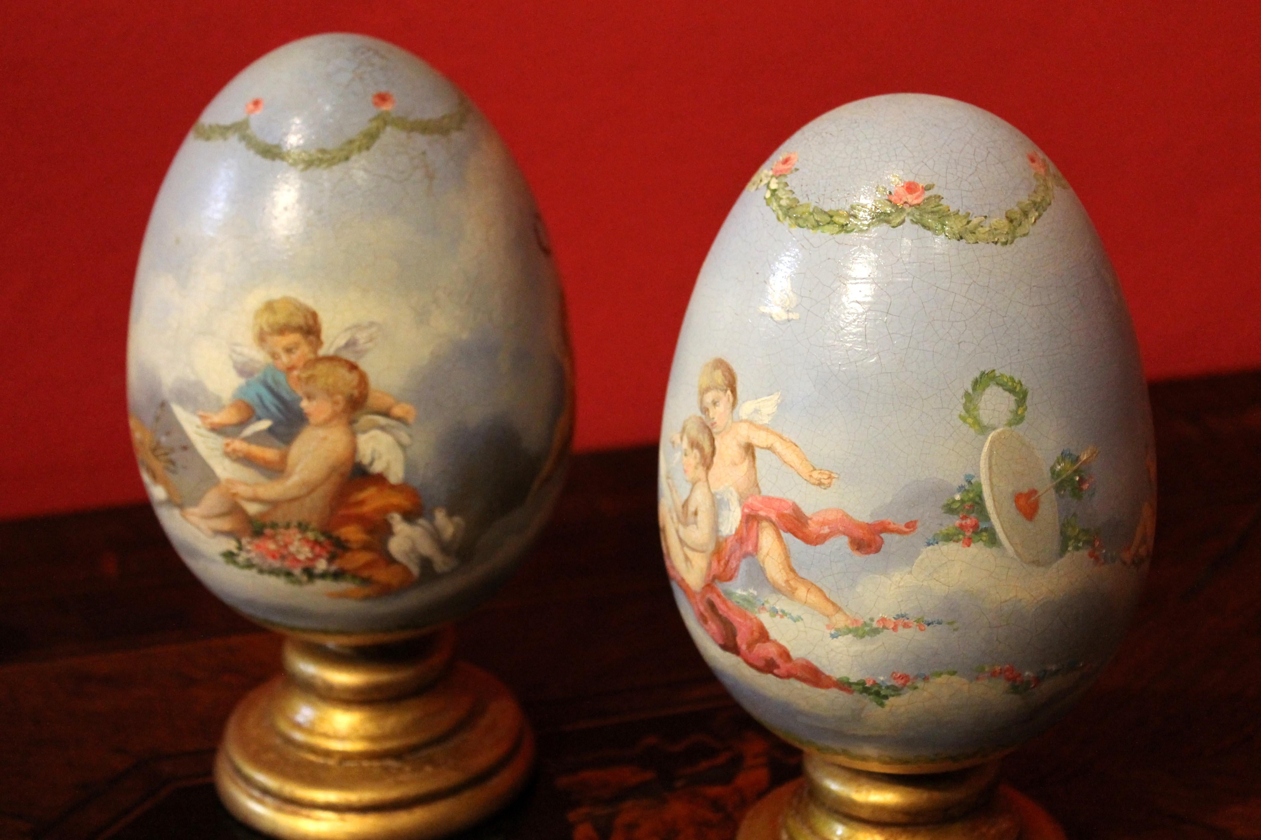 Italian Romantic Hand Painted Decorative Terracotta Eggs on Giltwood Stands 6