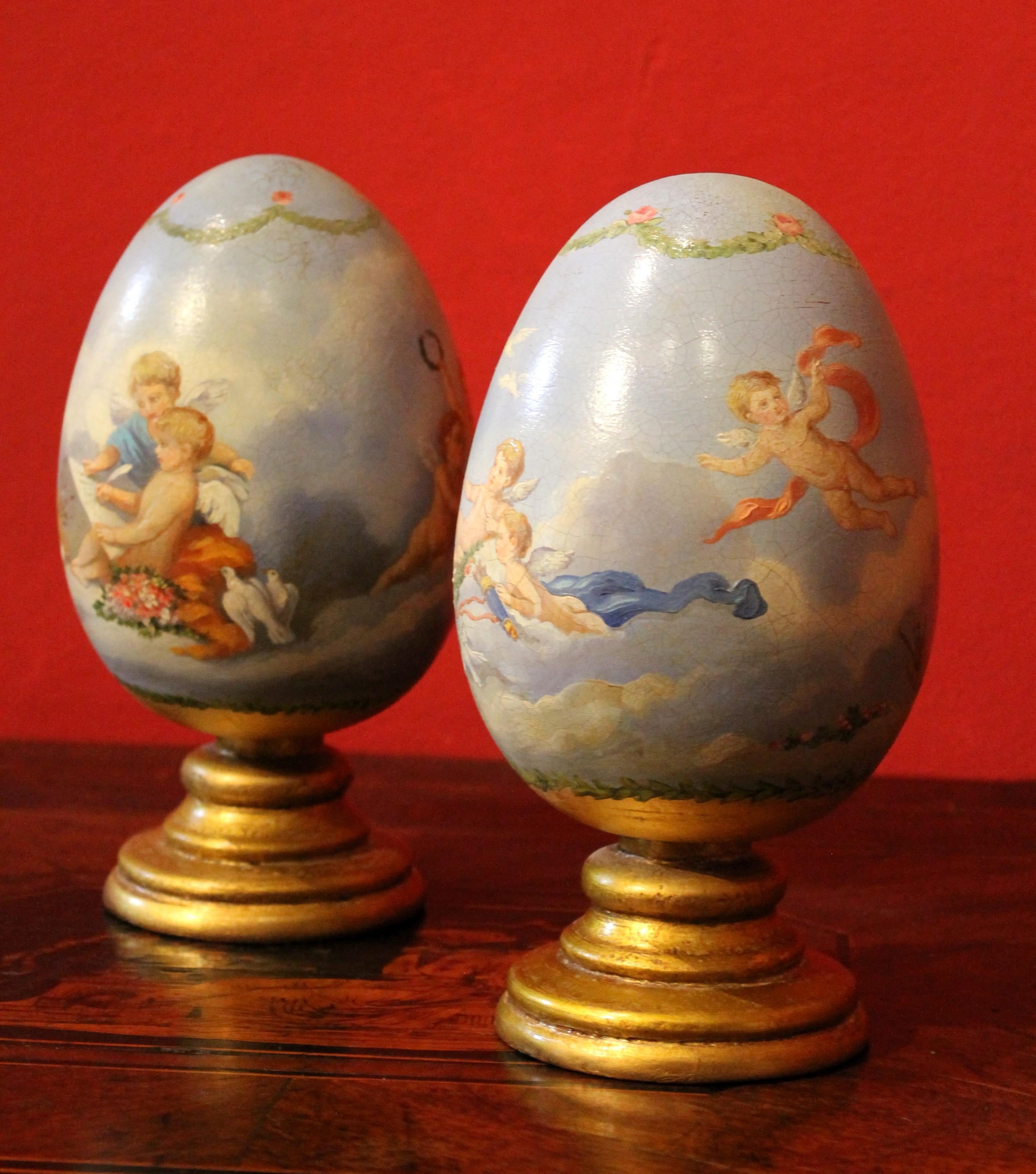 Italian Romantic Hand Painted Decorative Terracotta Eggs on Giltwood Stands 7