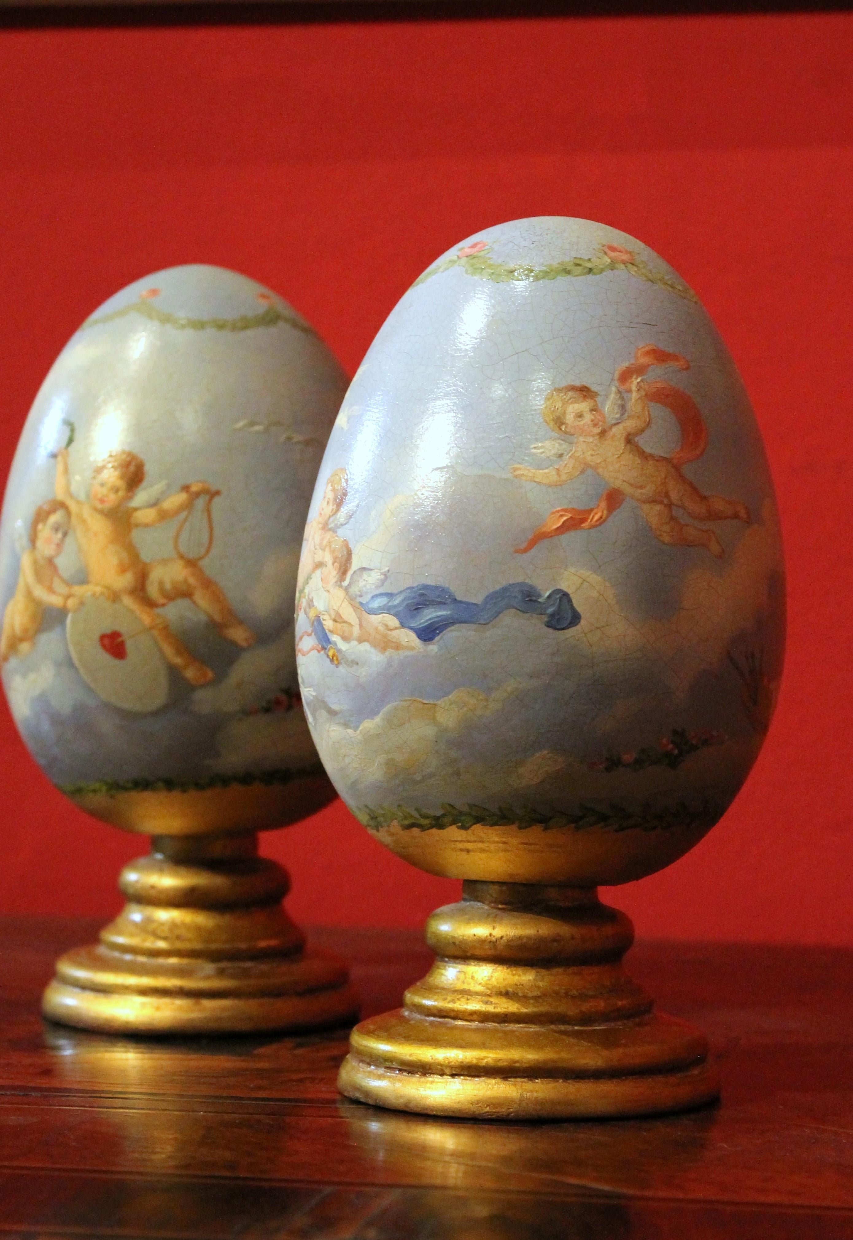 Italian Romantic Hand Painted Decorative Terracotta Eggs on Giltwood Stands 8