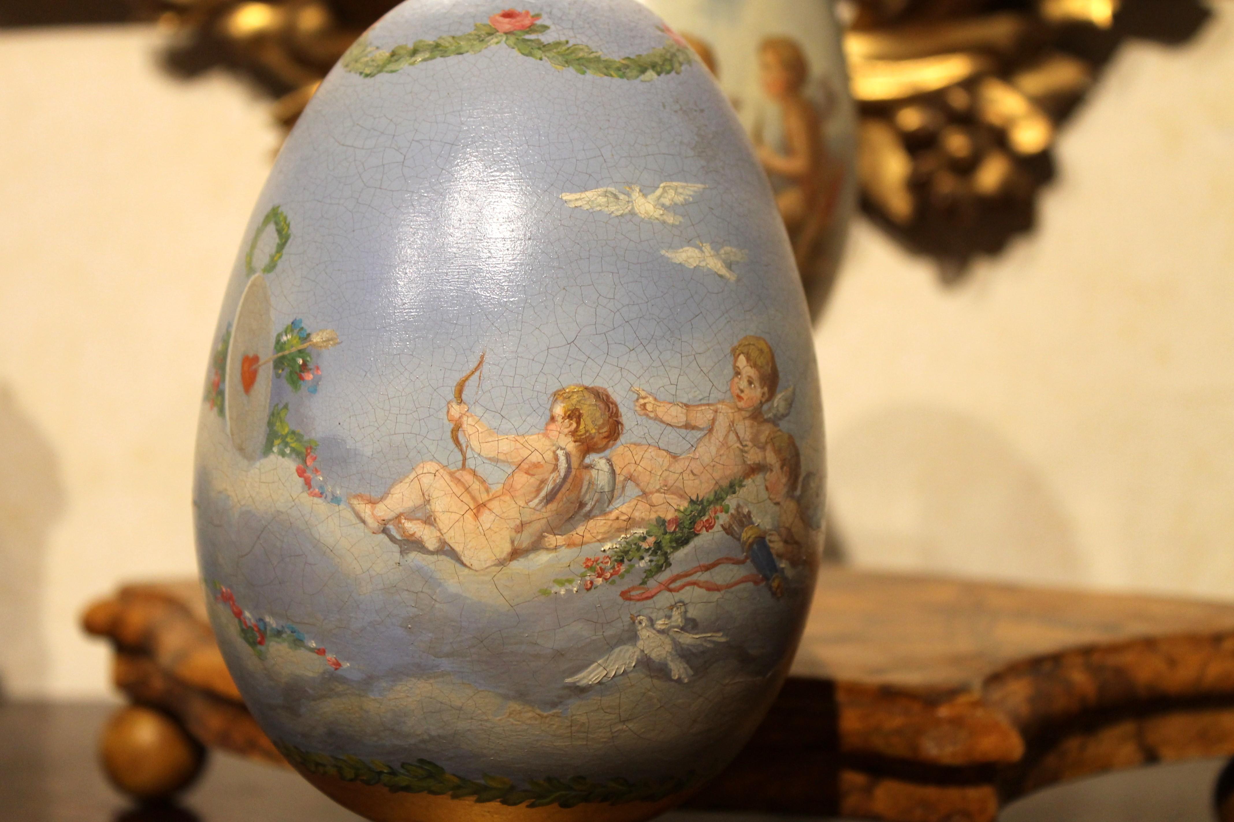 19th Century Italian Romantic Hand Painted Decorative Terracotta Eggs on Giltwood Stands