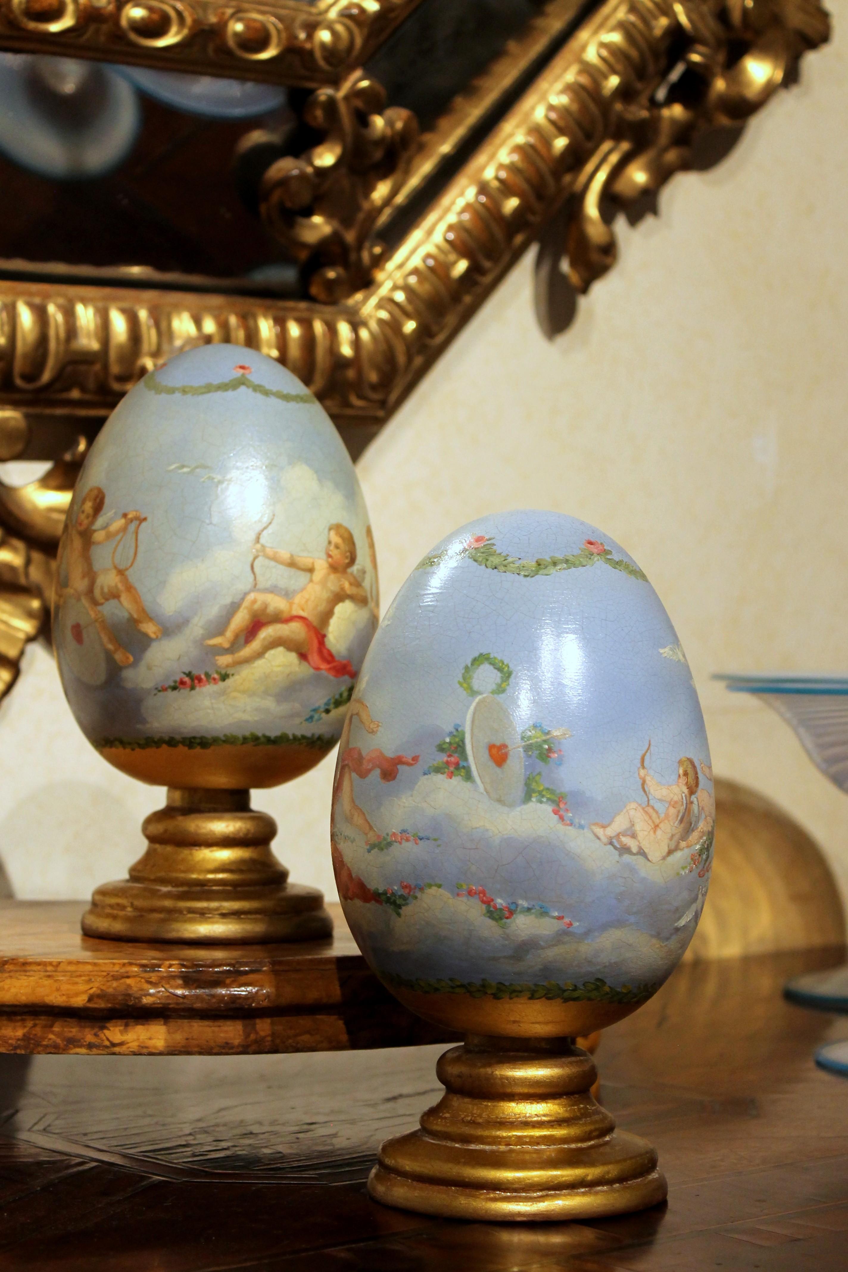 Italian Romantic Hand Painted Decorative Terracotta Eggs on Giltwood Stands 1
