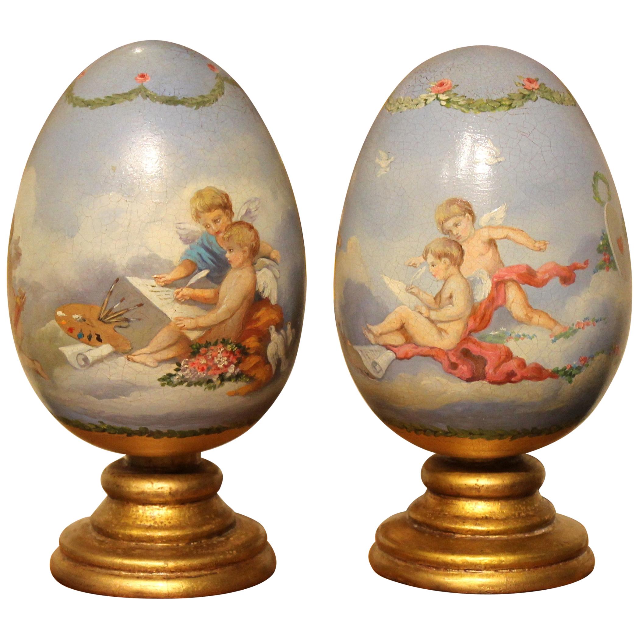 Italian Romantic Hand Painted Decorative Terracotta Eggs on Giltwood Stands