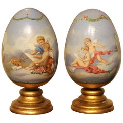 Antique Italian Romantic Hand Painted Decorative Terracotta Eggs on Giltwood Stands