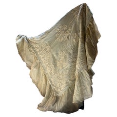 Italian Romantic Silk Organza Appliqué Bedspread with Original Bed Skirt 1920