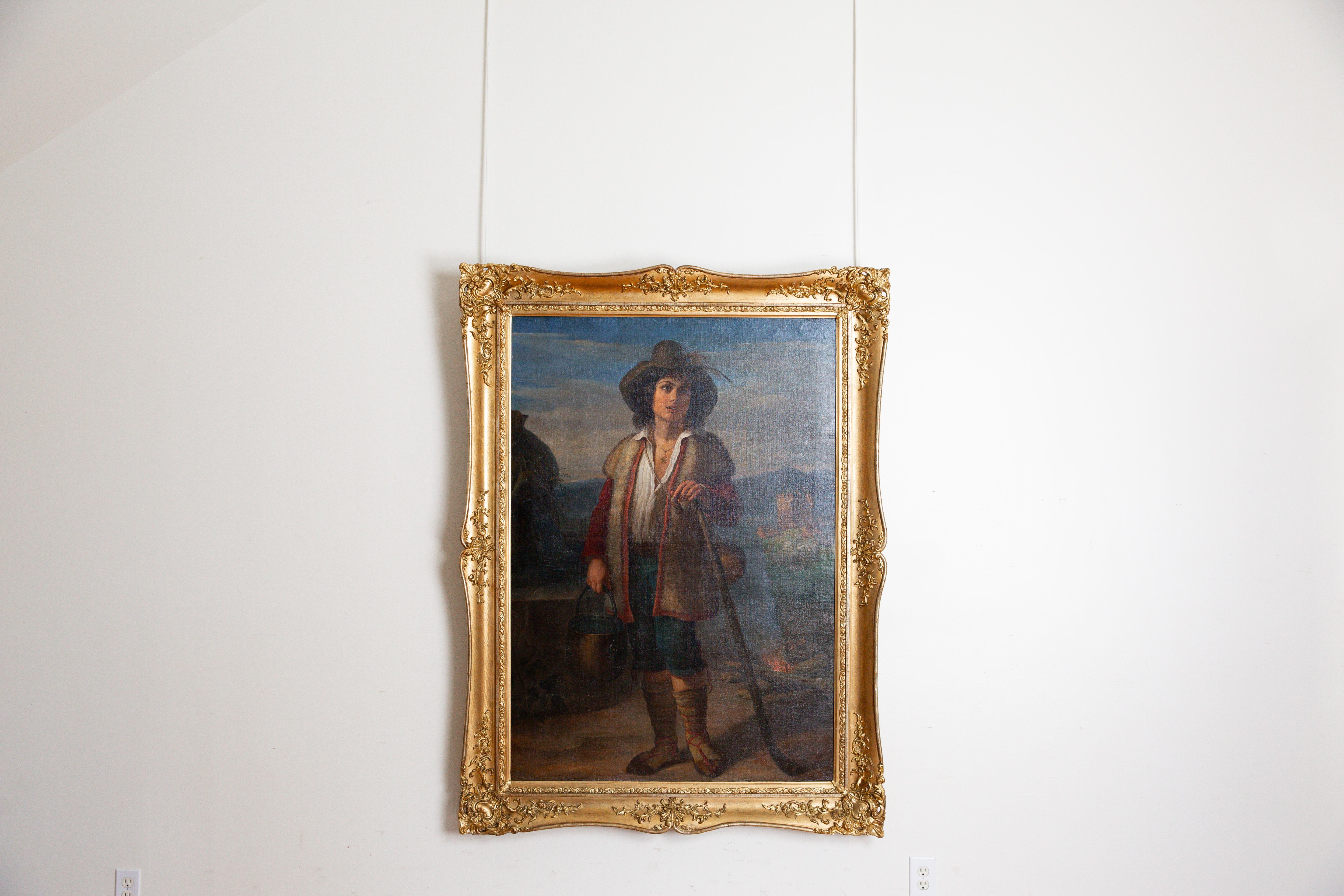 Beautifully painted oil on canvas in its period and original giltwood frame, the canvas relined and the frame completely restored.  Of note in the painting are the peacock feather in the hat, the ruins, the campfire, the fountain, the flock of