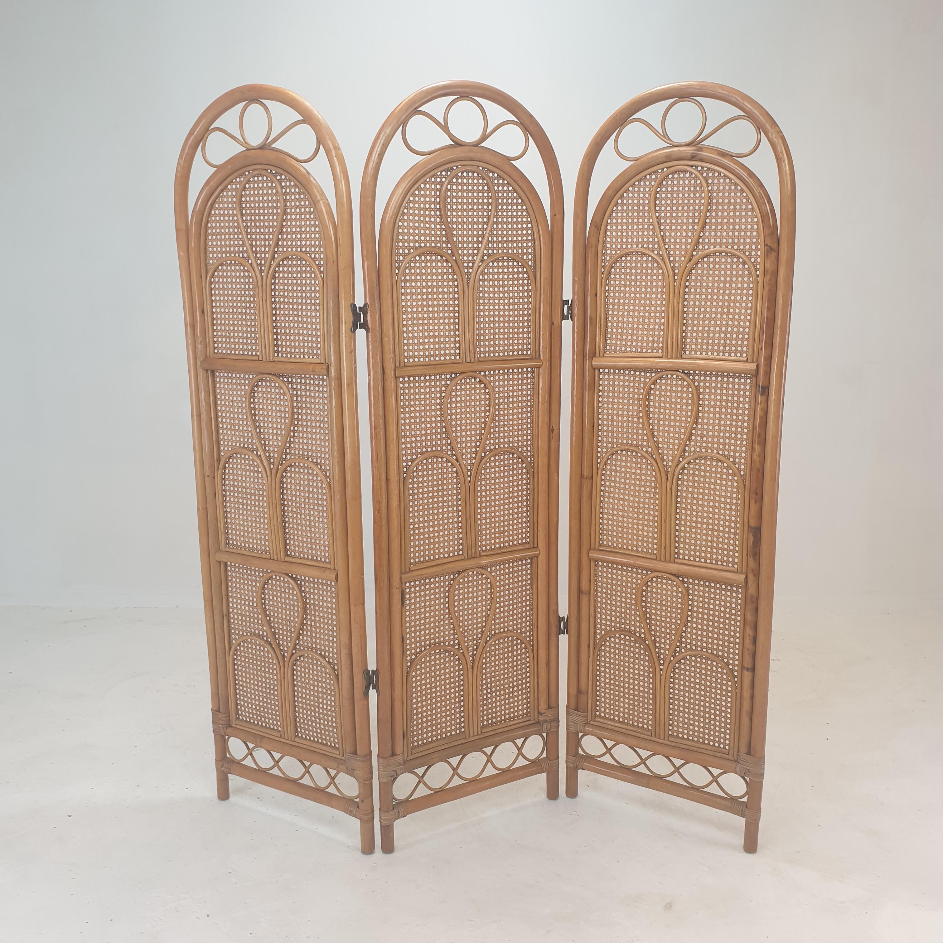 Authentic Italian rattan and wicker screen from the 60s.

Very nice work of rattan with its curls and patterns.

3 panels, usable in various positions.

Vintage product. Unique piece.

 
