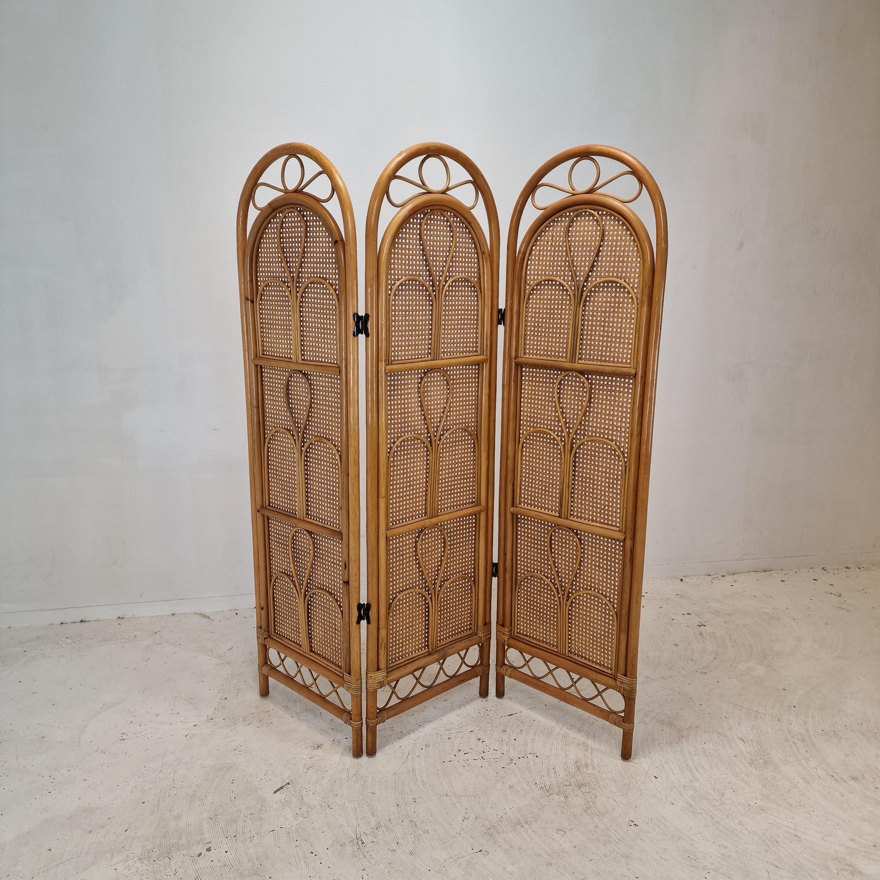 Authentic Italian rattan and wicker screen from the 60s.

Very nice work of rattan with its curls and patterns.

3 panels, usable in various positions.

Vintage product. Unique piece.

We work with professional packers and shippers, we can deliver