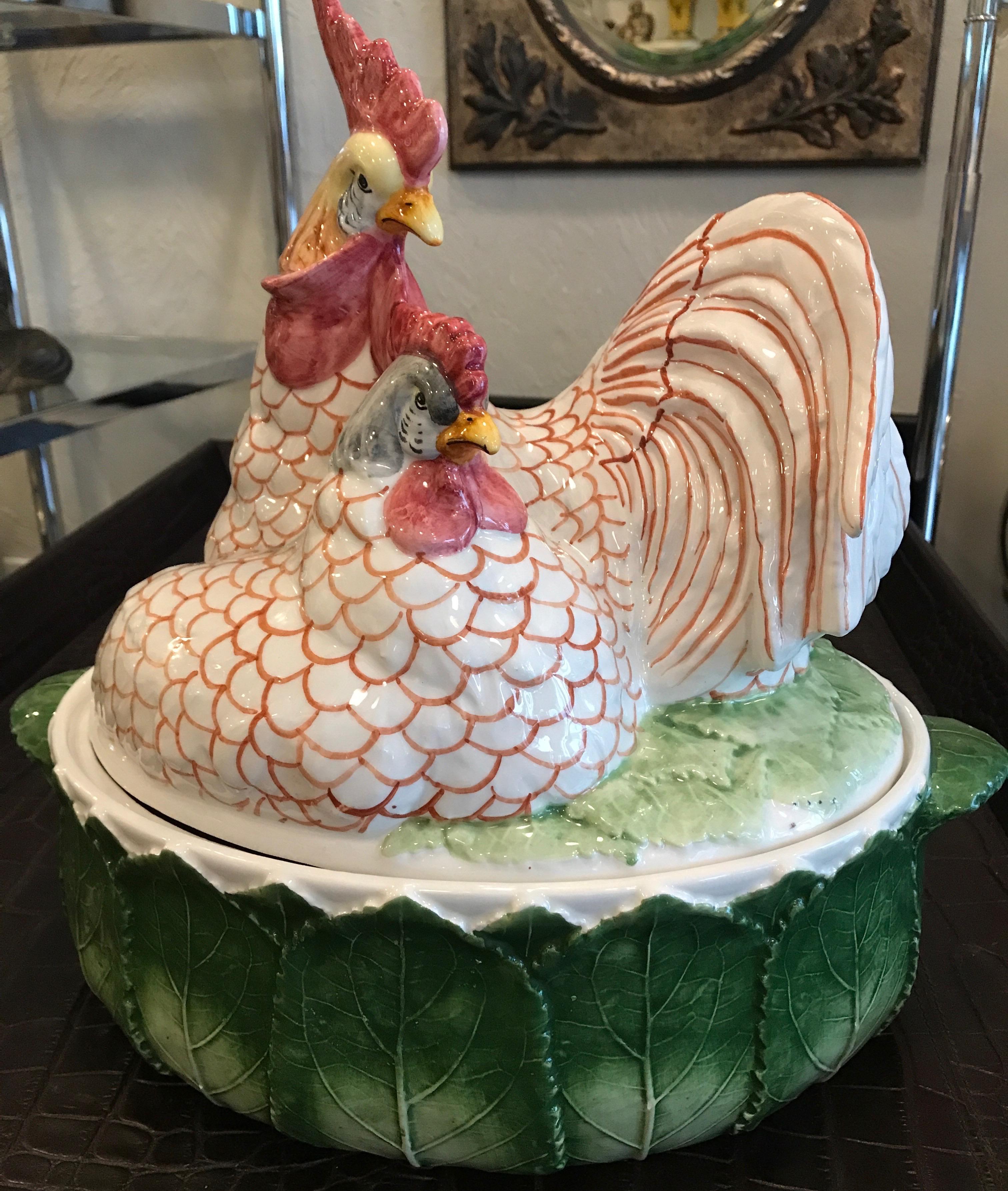 Charming and rare Italian Rooster & Hen Tureen by Vietri. Handmade and painted in beautiful colors.