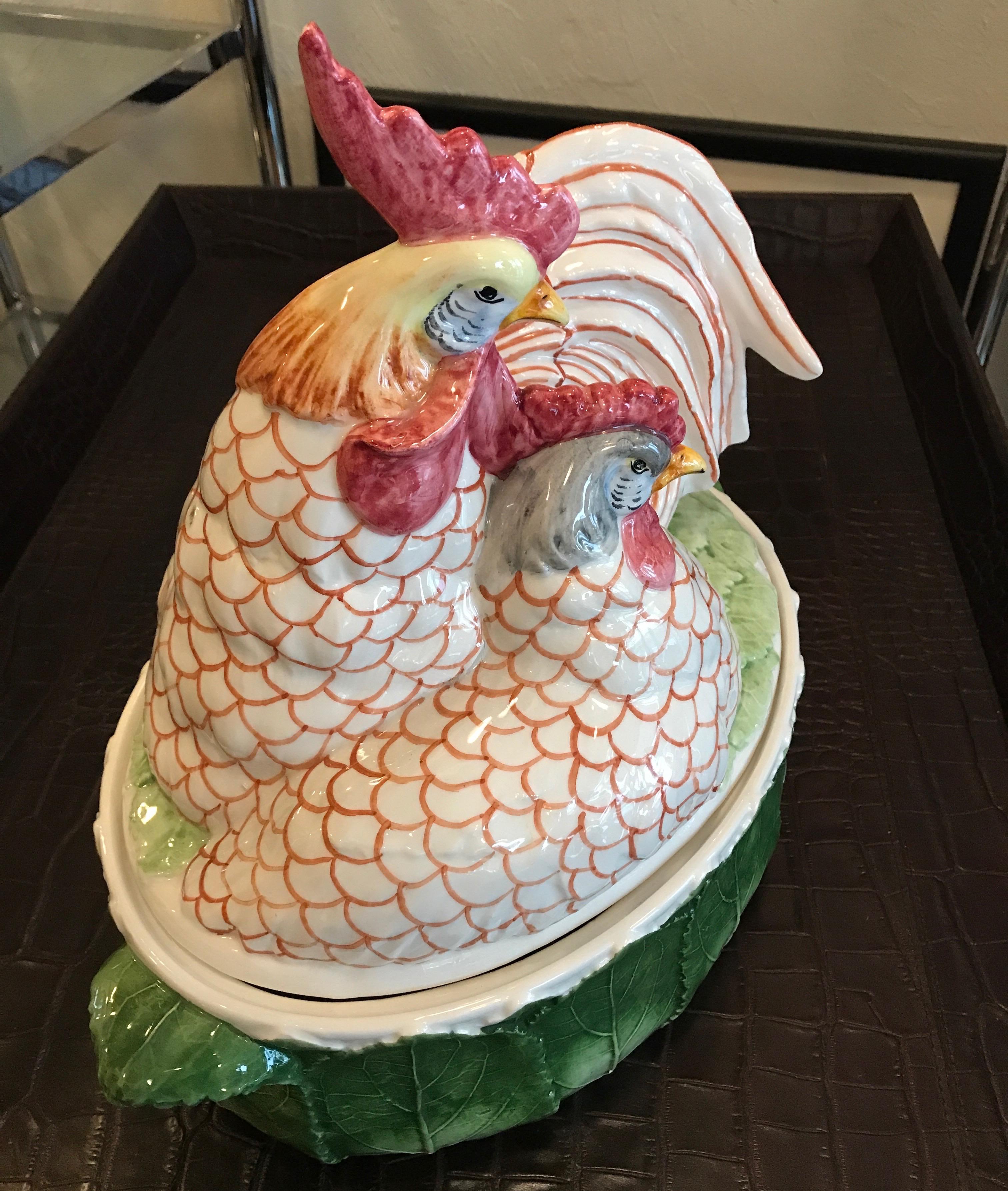 Italian Rooster & Hen Tureen In Good Condition In West Palm Beach, FL