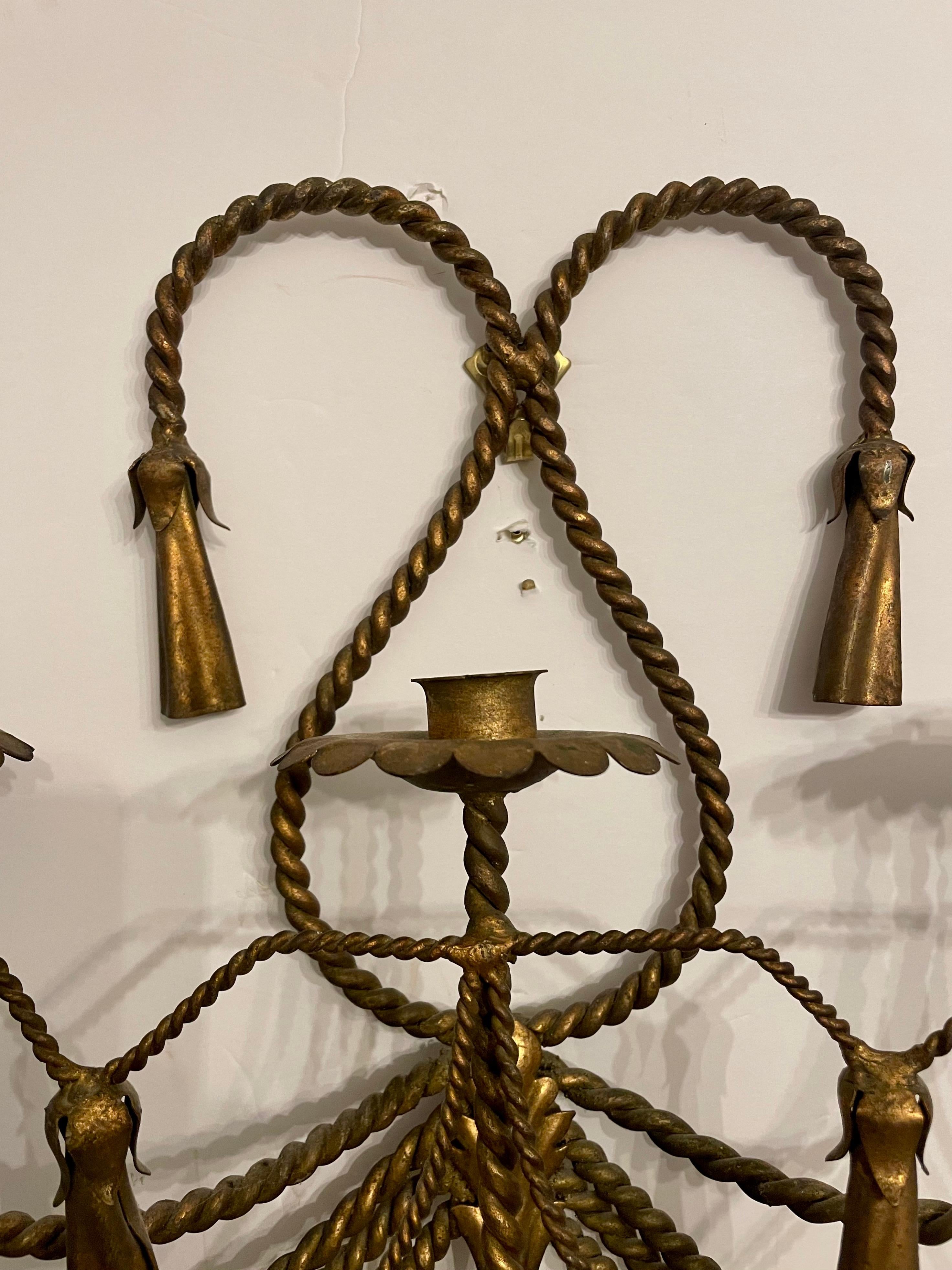Hollywood Regency Italian Rope And Tassel Gilt Candle Wall Sconce For Sale
