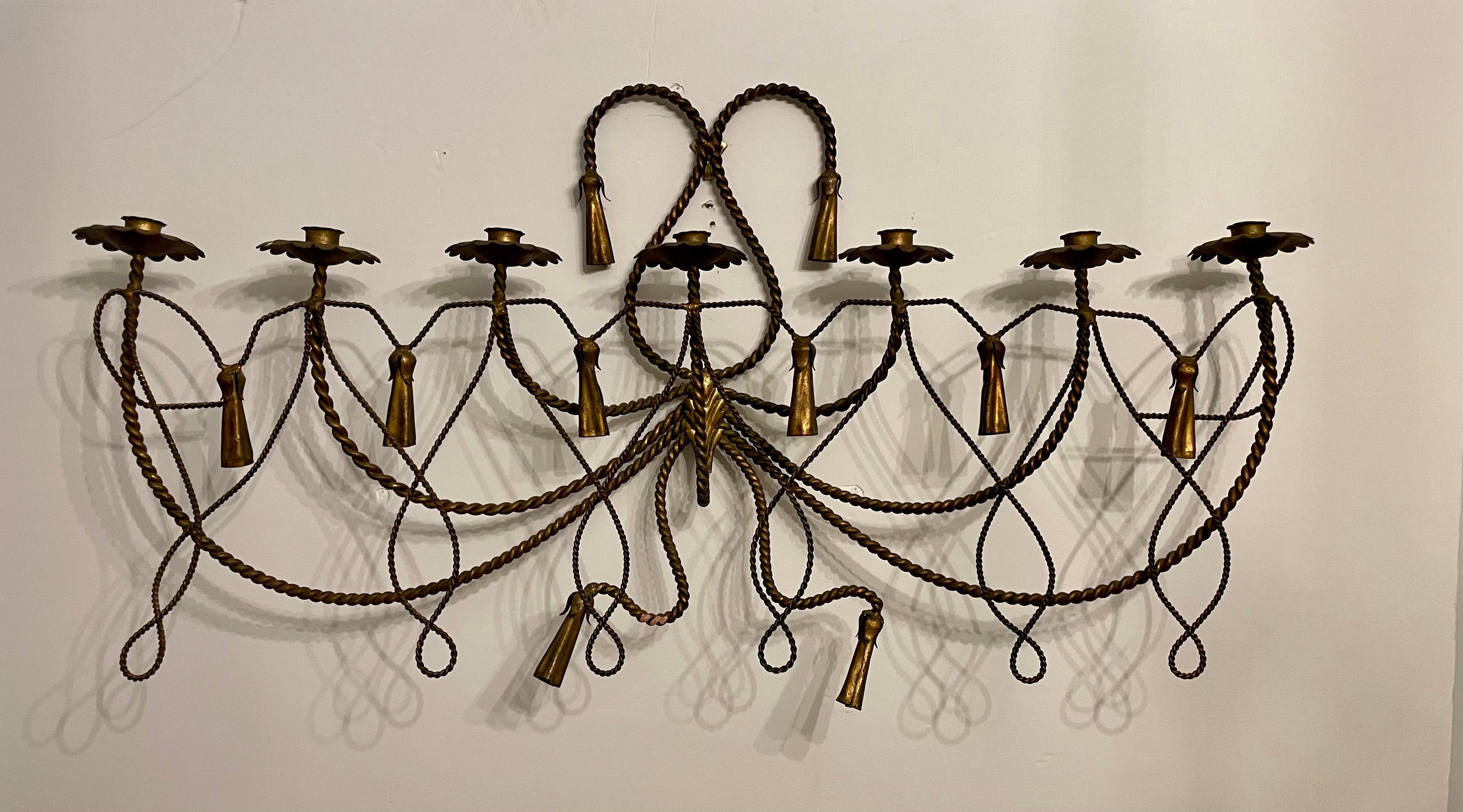 Metal Italian Rope And Tassel Gilt Candle Wall Sconce For Sale