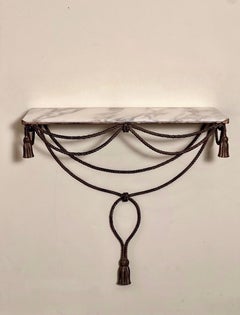 Italian Rope and Tassel Gilt Iron Wall Mount Console Table, Marble Top, 1960s