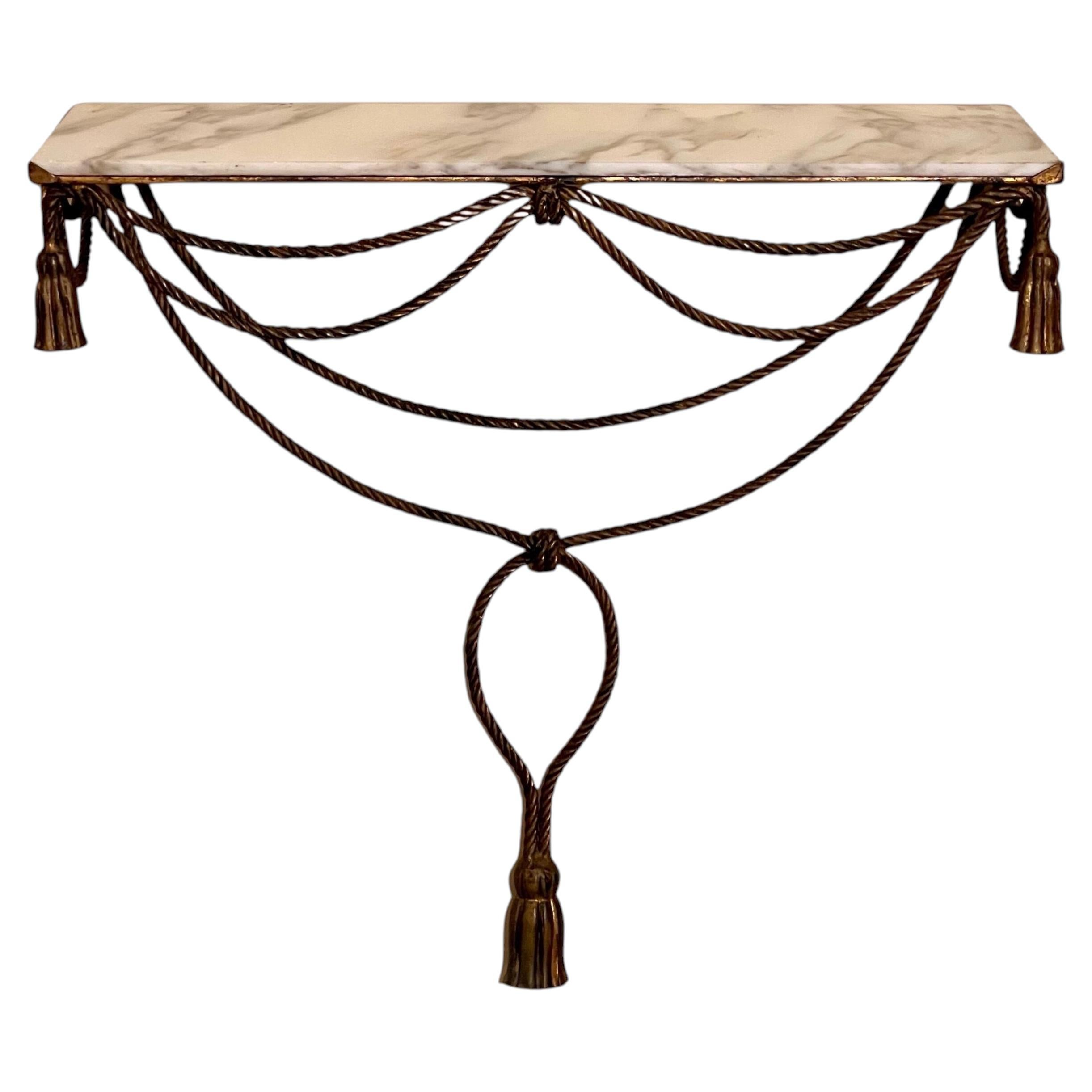 Italian Rope and Tassel Gilt Iron Wall Mount Console Table, Marble Top, 1960s