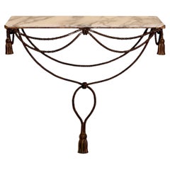 Italian Rope and Tassel Gilt Iron Wall Mount Console Table, Marble Top, 1960s