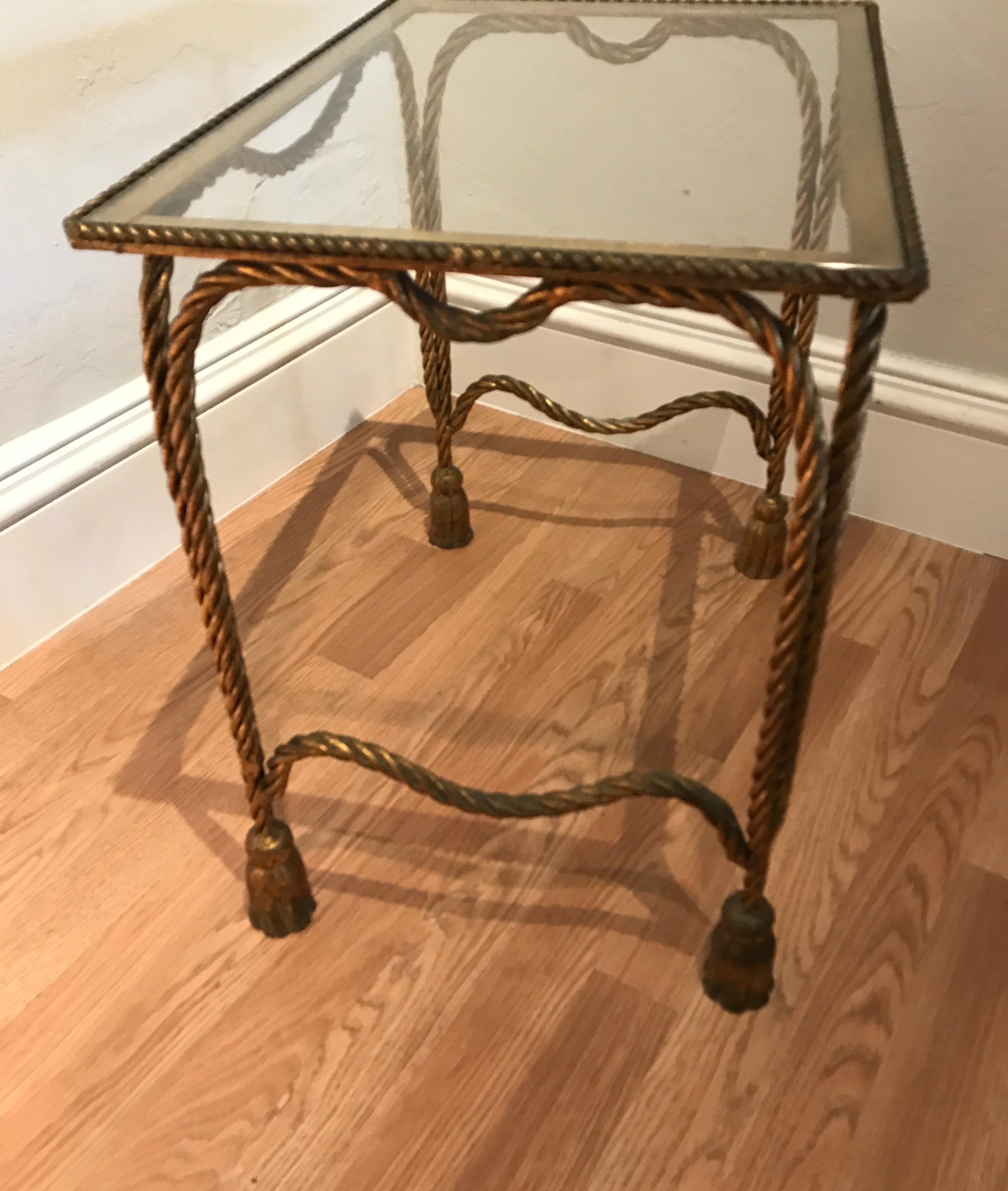 Hollywood Regency Italian Rope and Tassel Gilded Iron Side Table For Sale