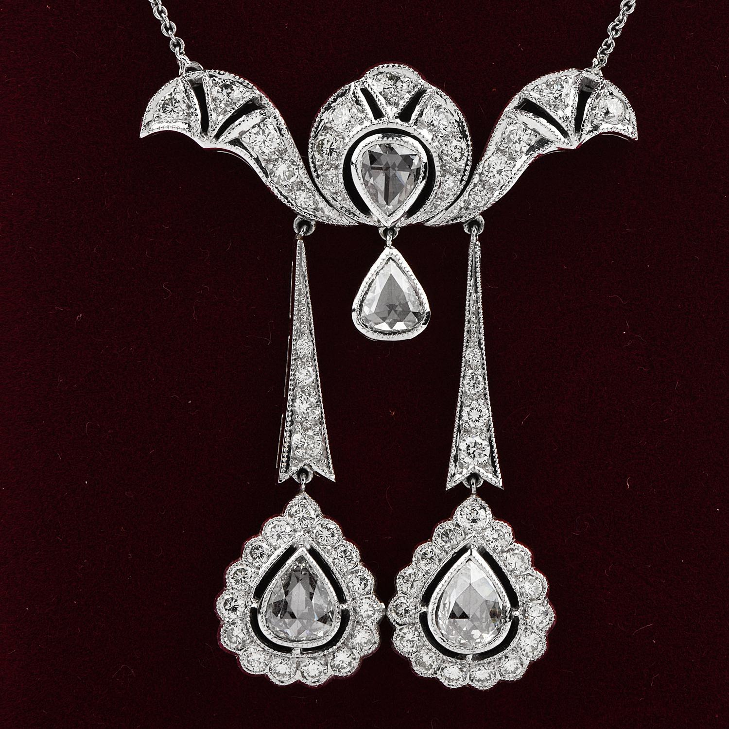 Italian Rose Cut Diamond 18k Gold Dangle Flower Pendant Necklace In Excellent Condition In Miami, FL