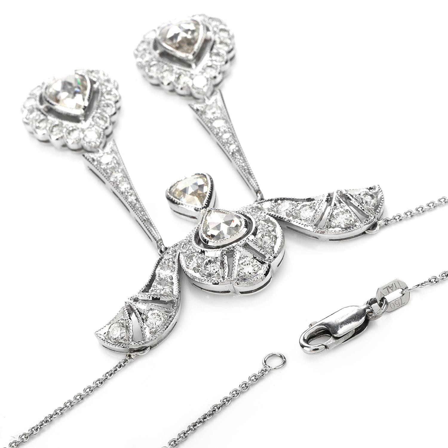 Italian Rose Cut Diamond 18k Gold Dangle Flower Pendant Necklace 3