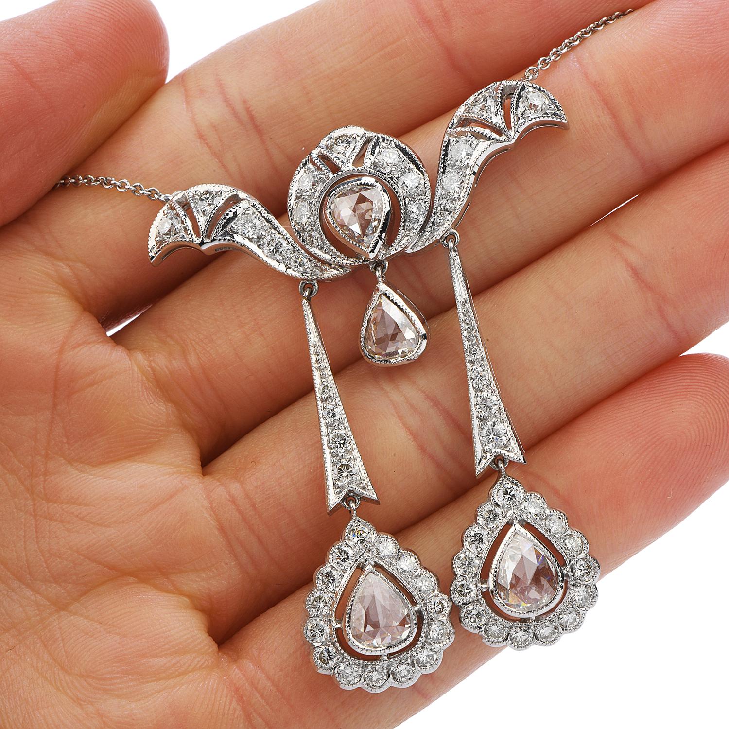 Italian Rose Cut Diamond 18k Gold Dangle Flower Pendant Necklace 4