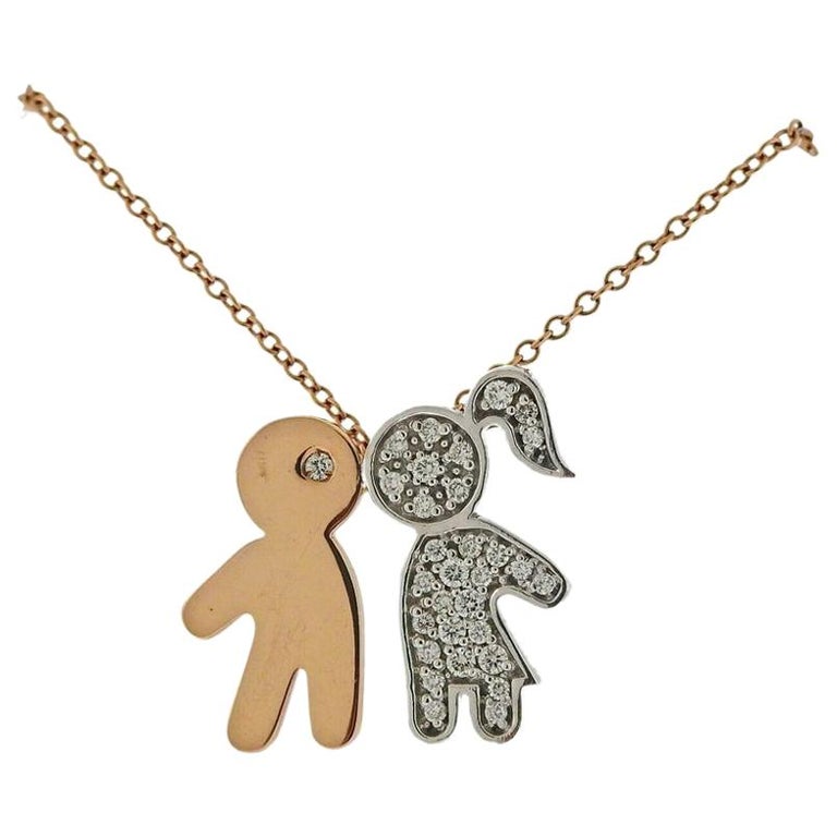 Italian Rose Gold Diamond Boy and Girl Pendant Necklace at 1stDibs