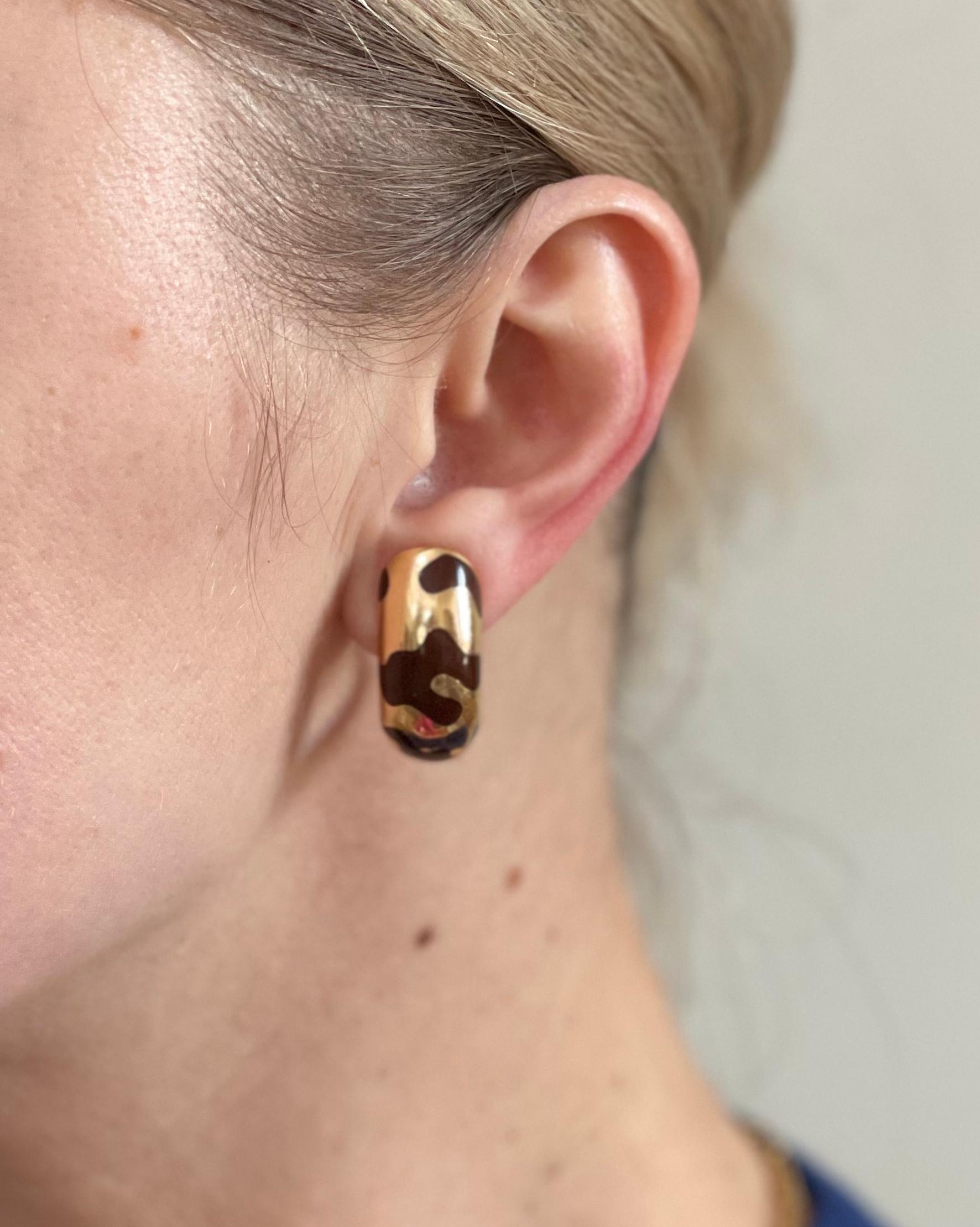 Italian Rose Gold Ebony Wood Enamel Doorknocker Earrings For Sale 2