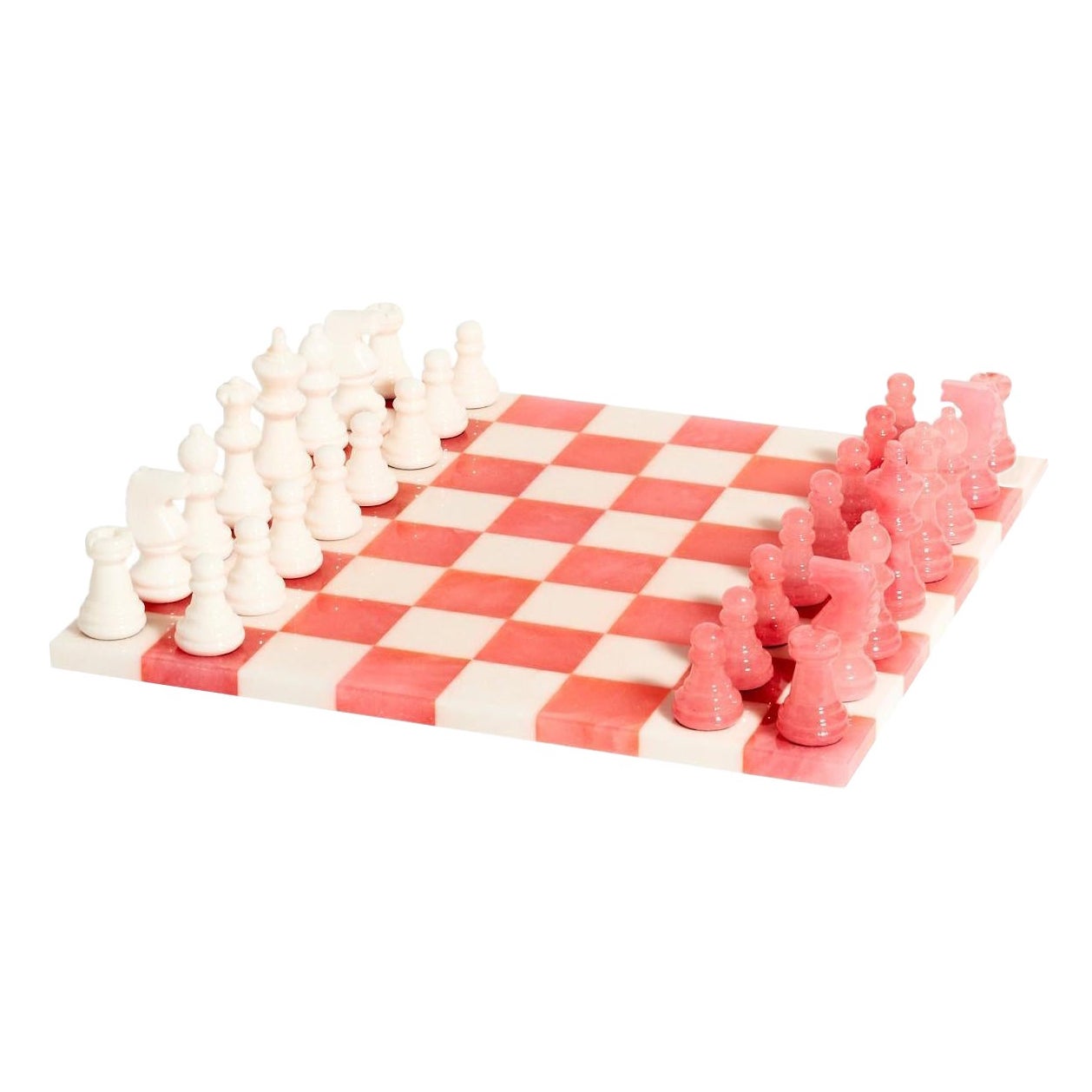 Italian Rose Pink / White Large Alabaster Marble Chess Set For Sale