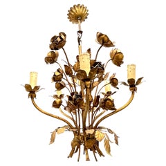 Italian Roses Five-Light Tole Chandelier Gilded Metal, European, 1960s