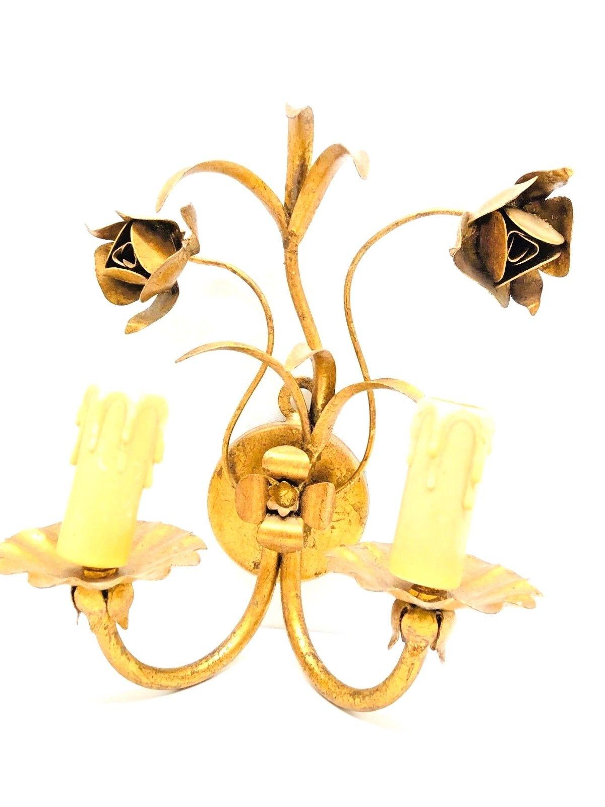 Hollywood Regency Italian Roses Two-Light Pair of Tole Sconces Gilded Metal, European, 1960s