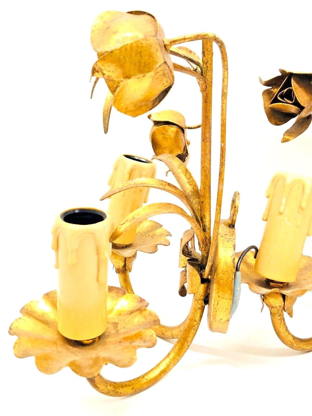 Mid-20th Century Italian Roses Two-Light Pair of Tole Sconces Gilded Metal, European, 1960s