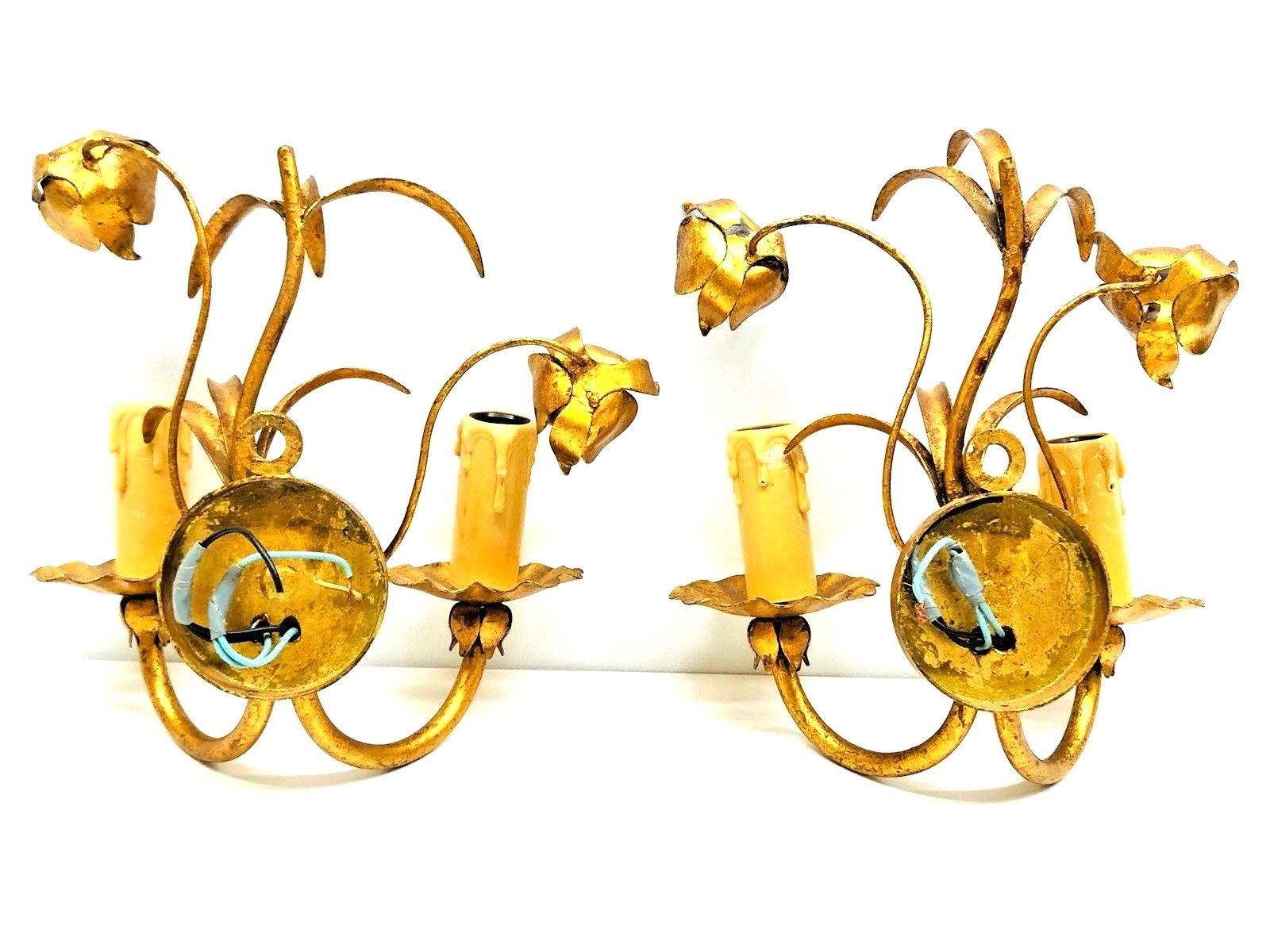 Italian Roses Two-Light Pair of Tole Sconces Gilded Metal, European, 1960s 1