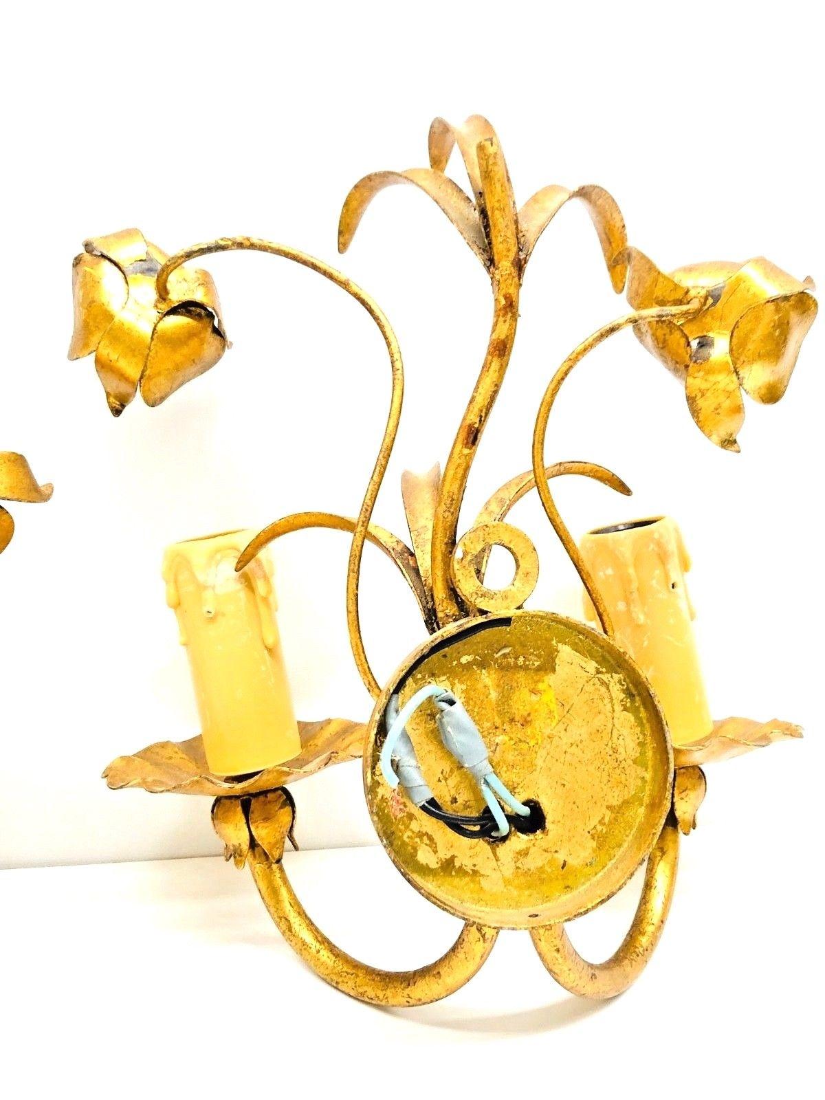 Italian Roses Two-Light Pair of Tole Sconces Gilded Metal, European, 1960s 3