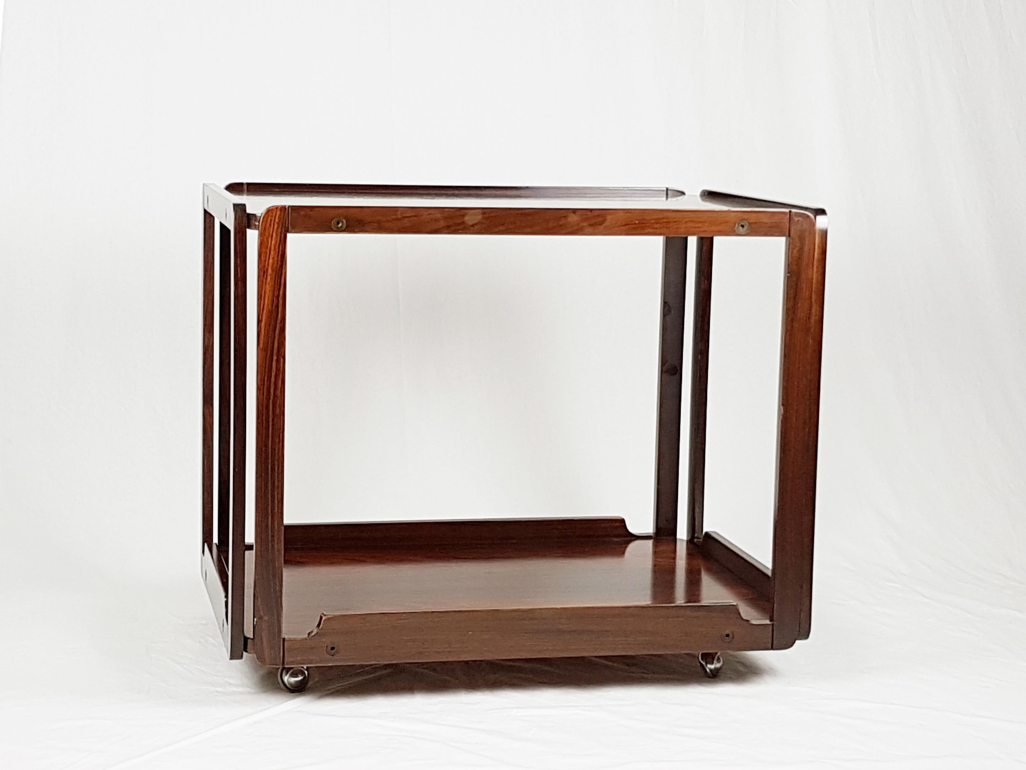 Italian Rosewood 1960s Serving Cart with Two Trays Attributed to Bernini 5