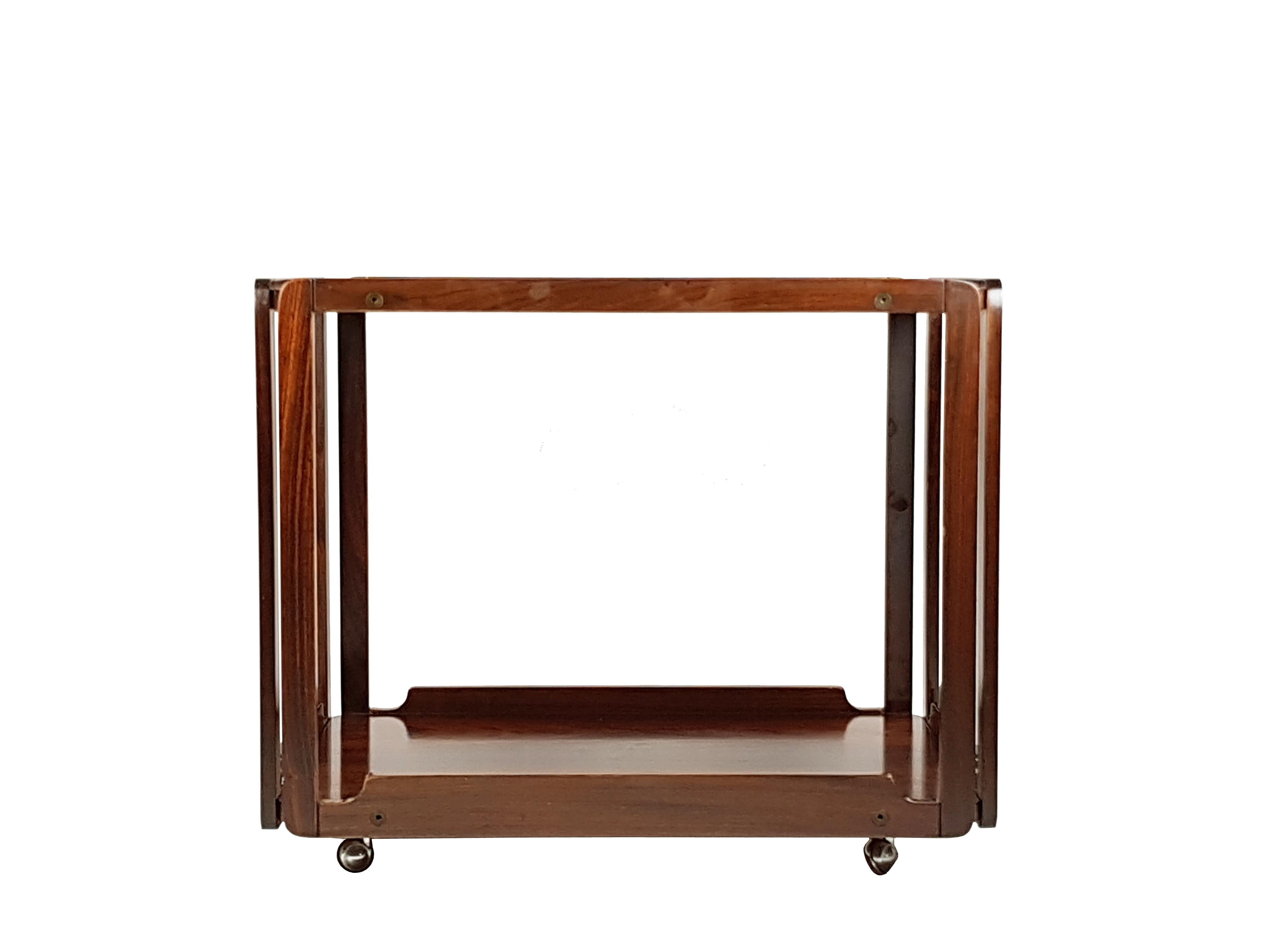 Mid-Century Modern Italian Rosewood 1960s Serving Cart with Two Trays Attributed to Bernini