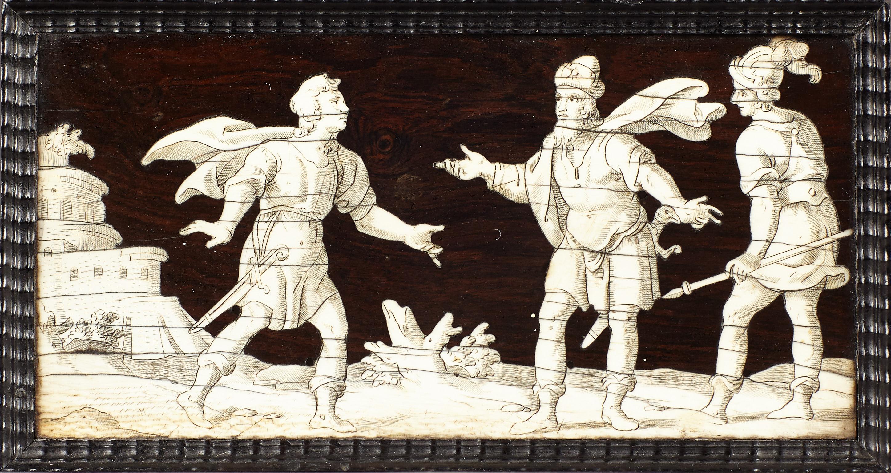 Renaissance Italian Rosewood and Bone Engraved Panels, circa 1620-1640 For Sale