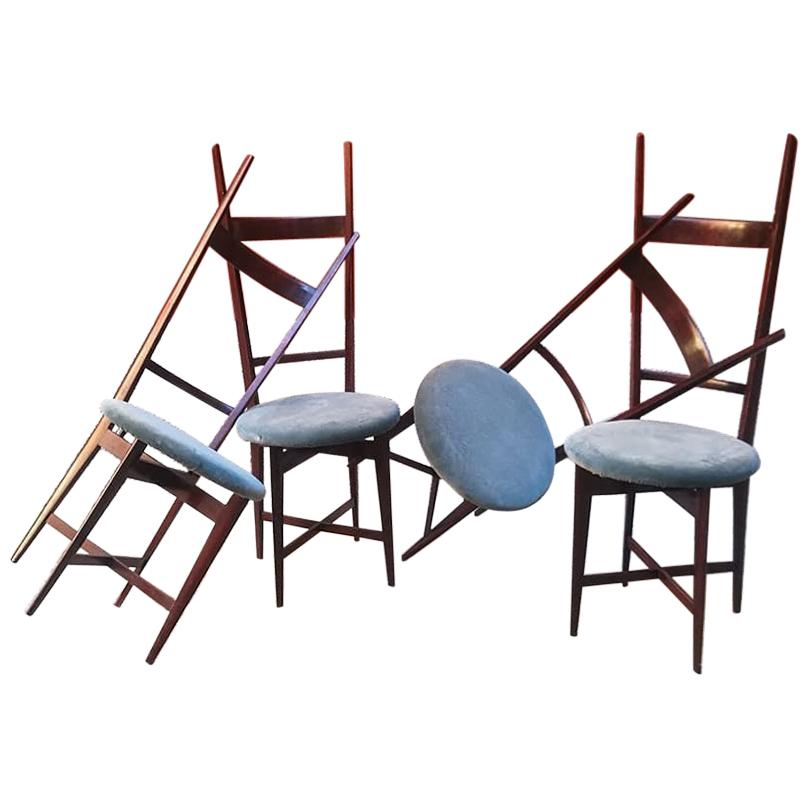 Italian Rosewood and Light Blue Velvet Chairs by Sant
ambrogio 
De Berti, 1950s