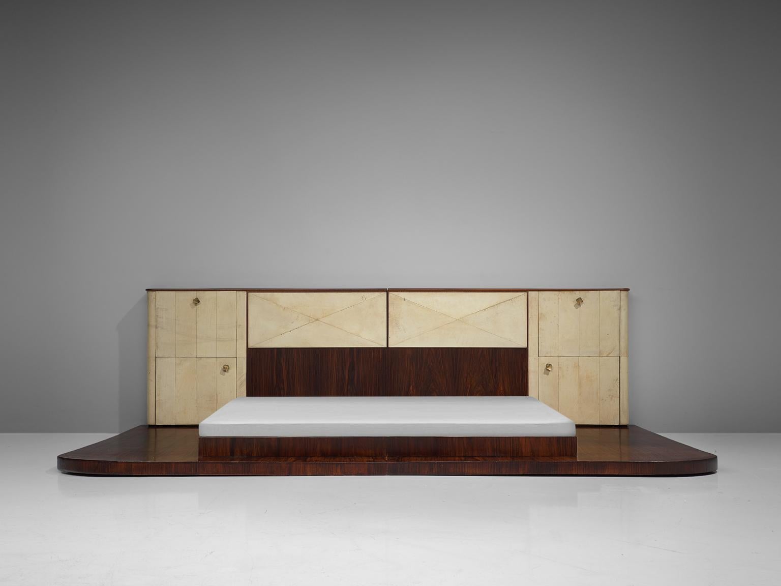 Mid-Century Modern Italian Rosewood and Parchment Kingsize Bed in Style of Valzania