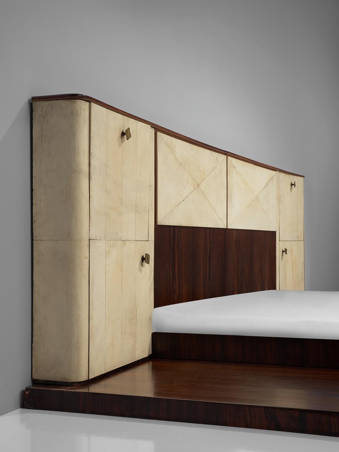 Mid-20th Century Italian Rosewood and Parchment Kingsize Bed in Style of Valzania
