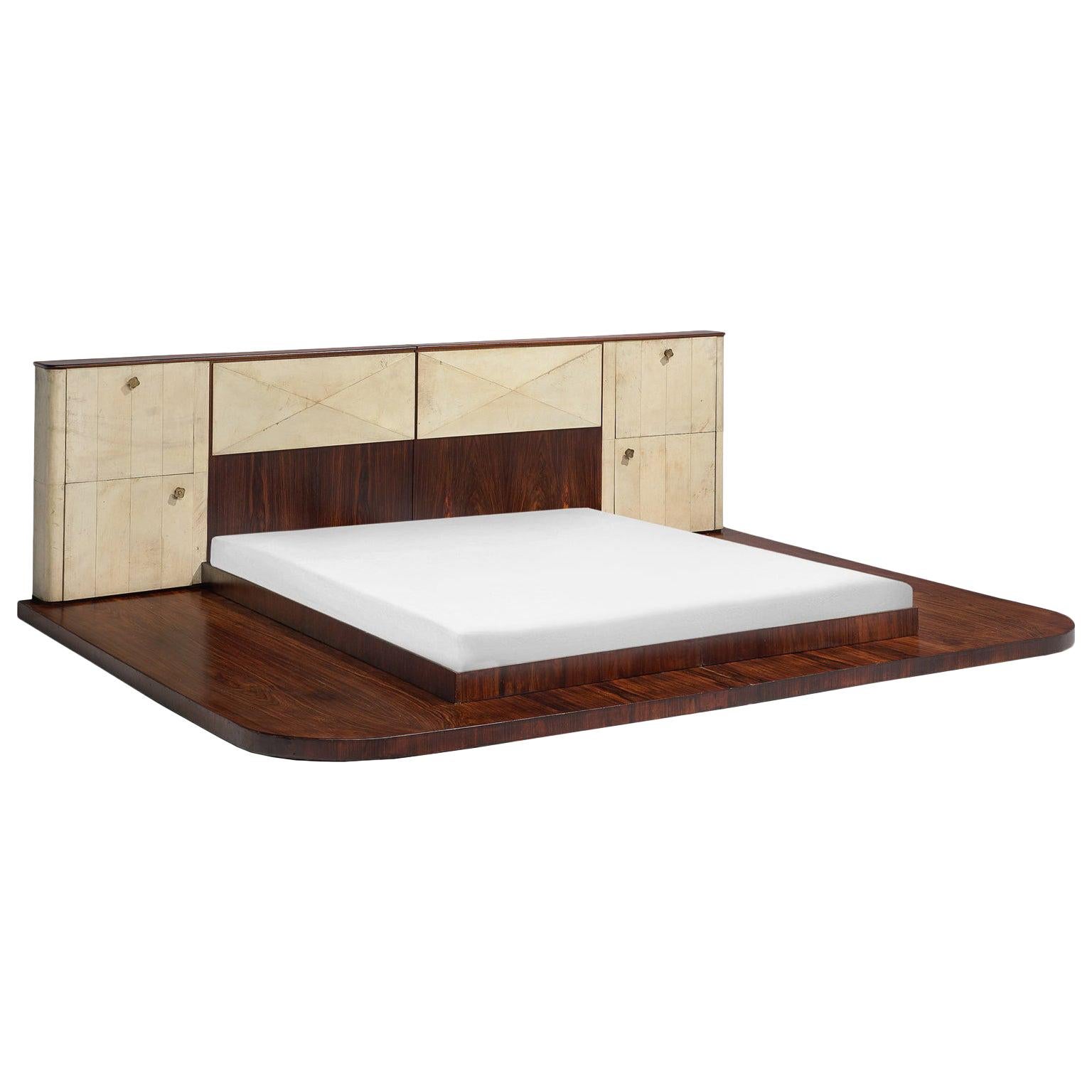 Italian Rosewood and Parchment Kingsize Bed in Style of Valzania