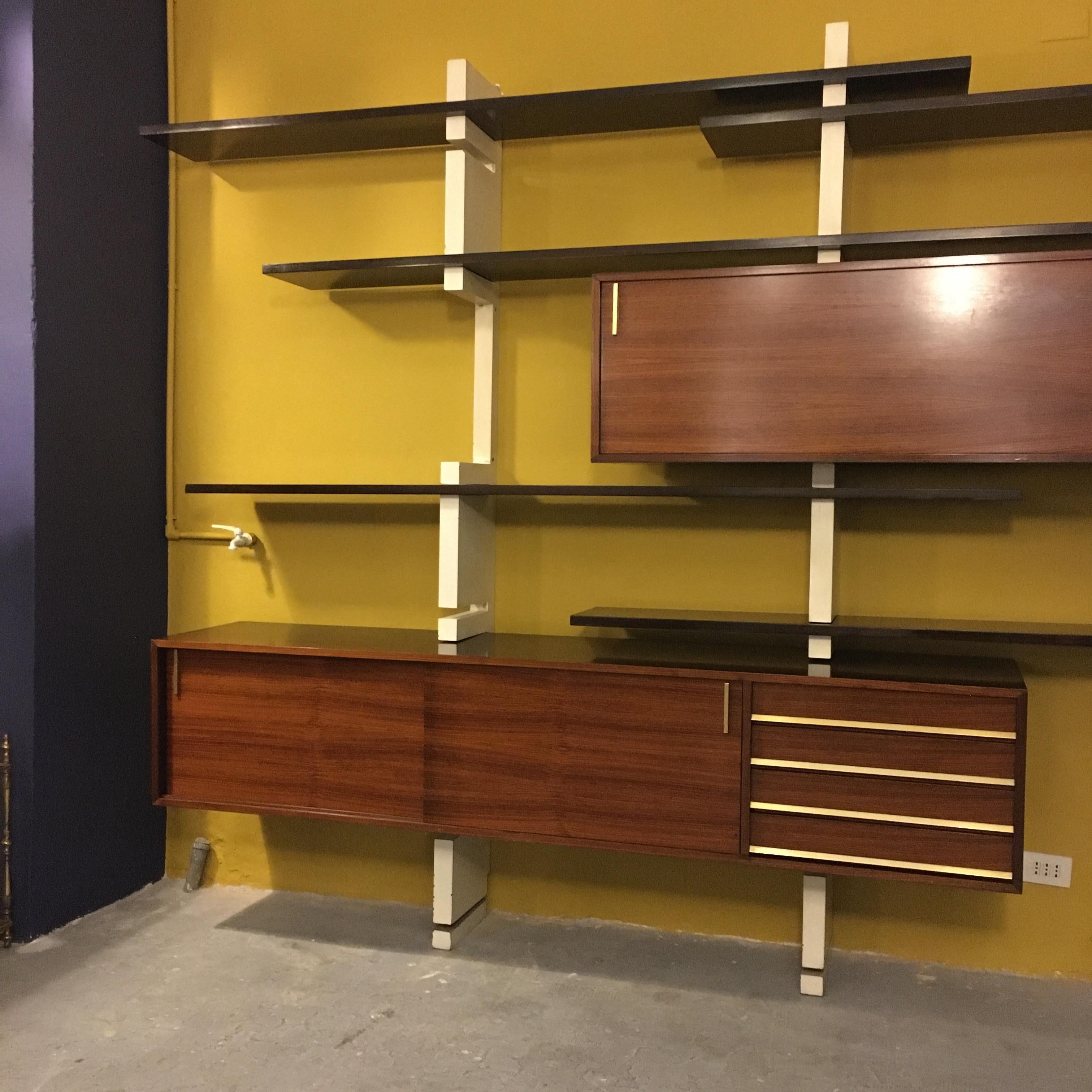 Mid-Century Modern Italian Rosewood and White Wooden Extenso Bookcase by AMMA Torino, 1960s